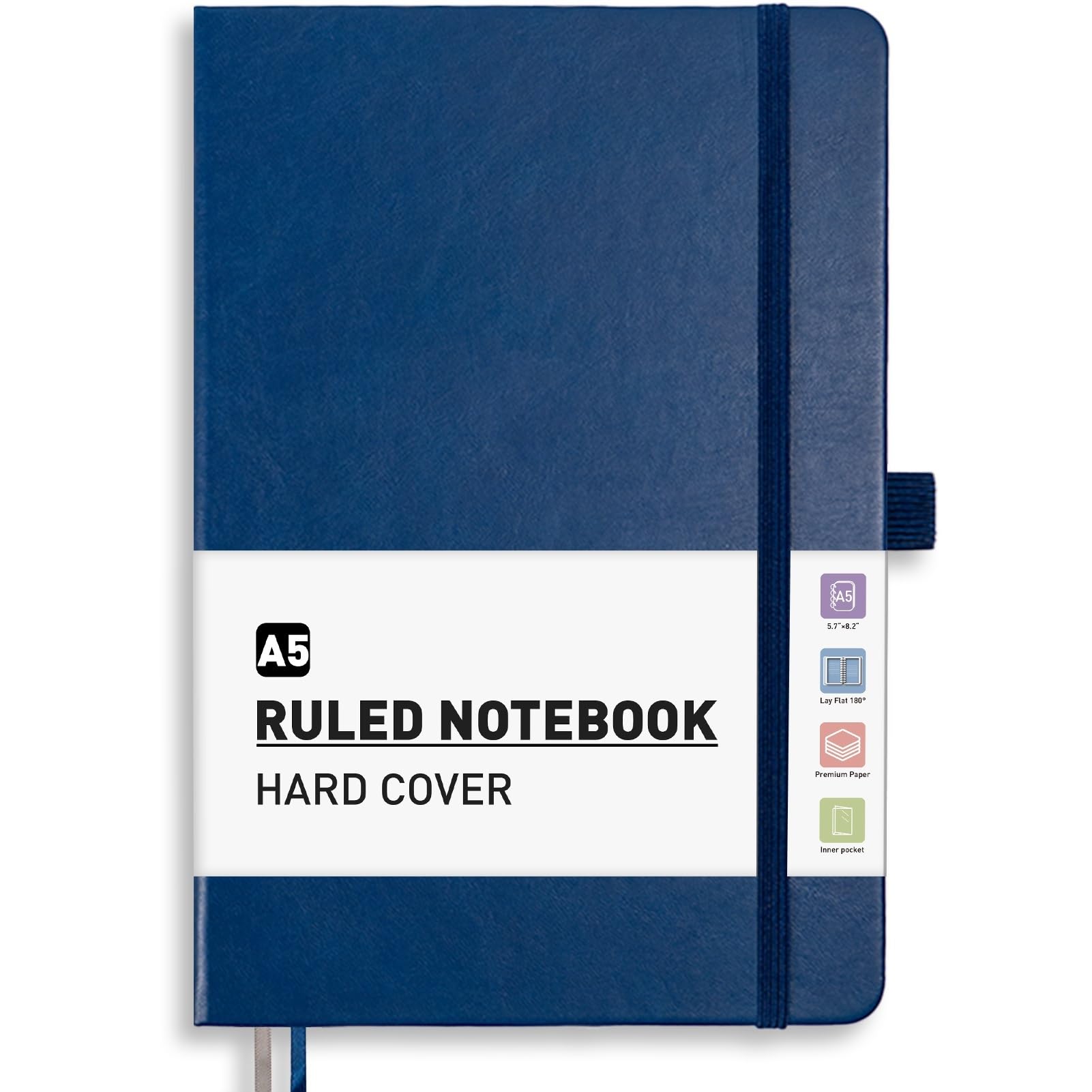 PYNEX A5 Lined Diary Notebook, Leather Journal for Women and Men, Hardcover, 200 Pages with 8 Planning Sheets, Ideal for Writing, Work and Study, 14.5 x 21cm - Blue — image 1
