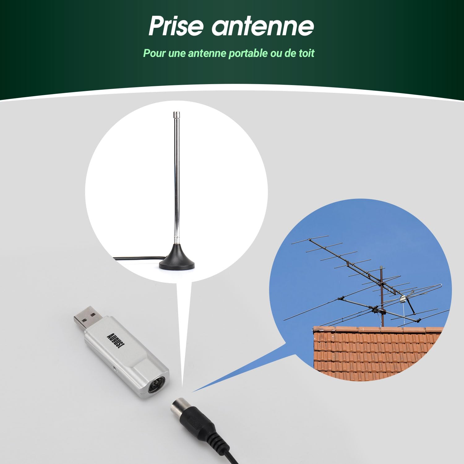 August DVB-T210 - Récepteur TNT USB - Décodeur TNT avec Enregistreur et Antenne, Numérique Terrestre Mini Télévision sur PC DVB-T2 MPEG4 Compatible France Belgique Windows 11 Home/Pro/10/8/7