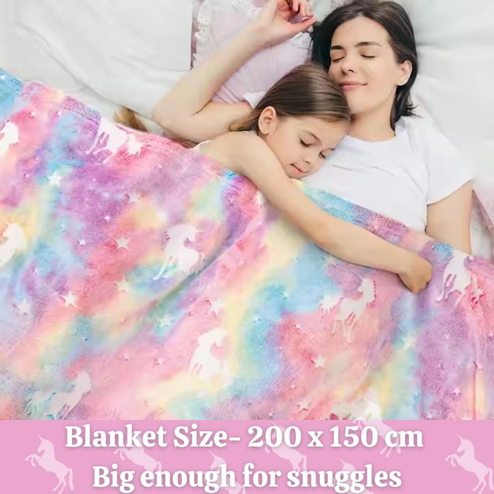 Happy Hues Unicorn Glow in The Dark Blanket-200 x 150 cm- Super Soft Fluffy Flannel Fleece All Season Blanket for Babies-Toddlers-Kids & Teens Boys & Girls- Best Gifting Ideas for 0-15 Years 2