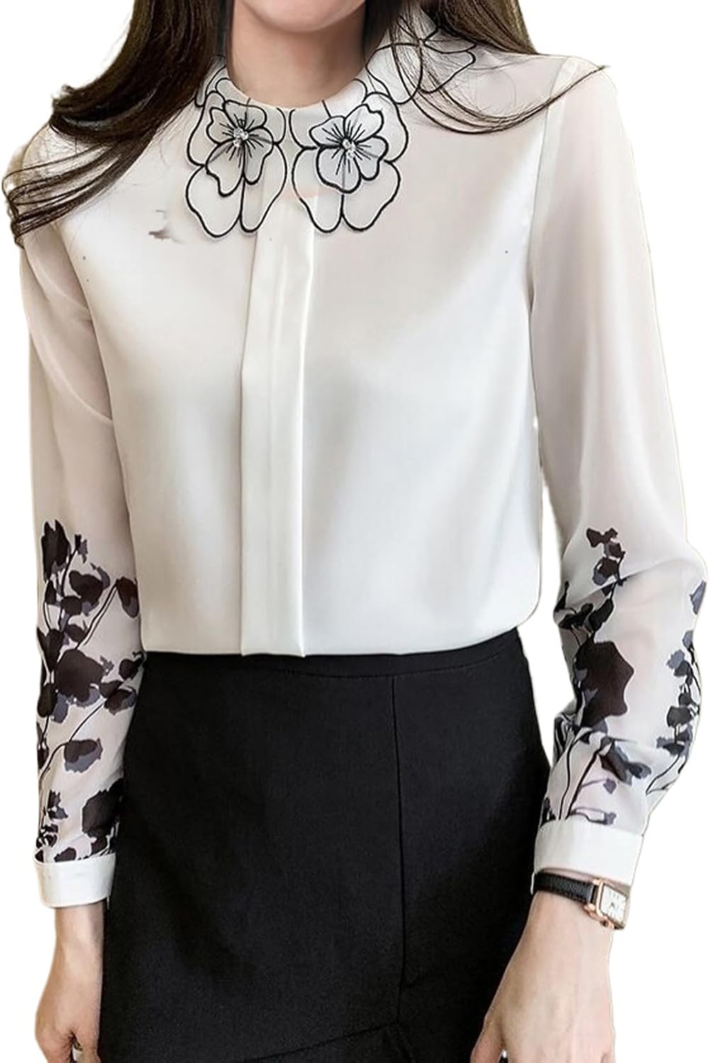 Women's Profession Print Shirt Blouse Vintage Long Sleeve Casual Top Elegant Simple Slim Chiffon Shirt