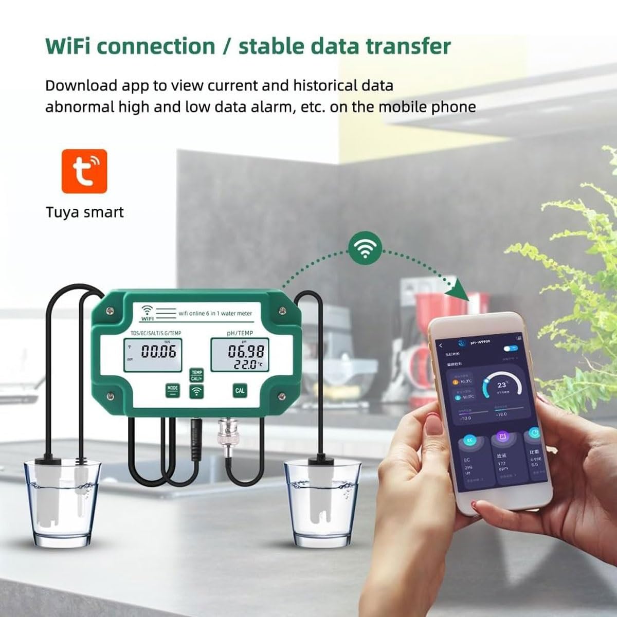 Wasserqualitätsmonitor, Digital WiFi PH EC TDS SALT SG Temperaturmessgerät Aquarium Analyzer Datenlogger für Labor und Hydrokultur