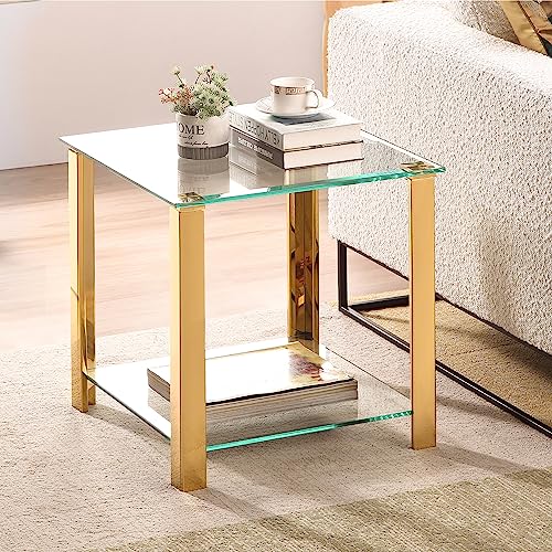 Get Set Style Glass End Table Square, Glass Sofa Side Table with 2 Tier Storage, Gold Glass Side Table with Stainless Steel Frame for Living Room, Bedroom, Balcony