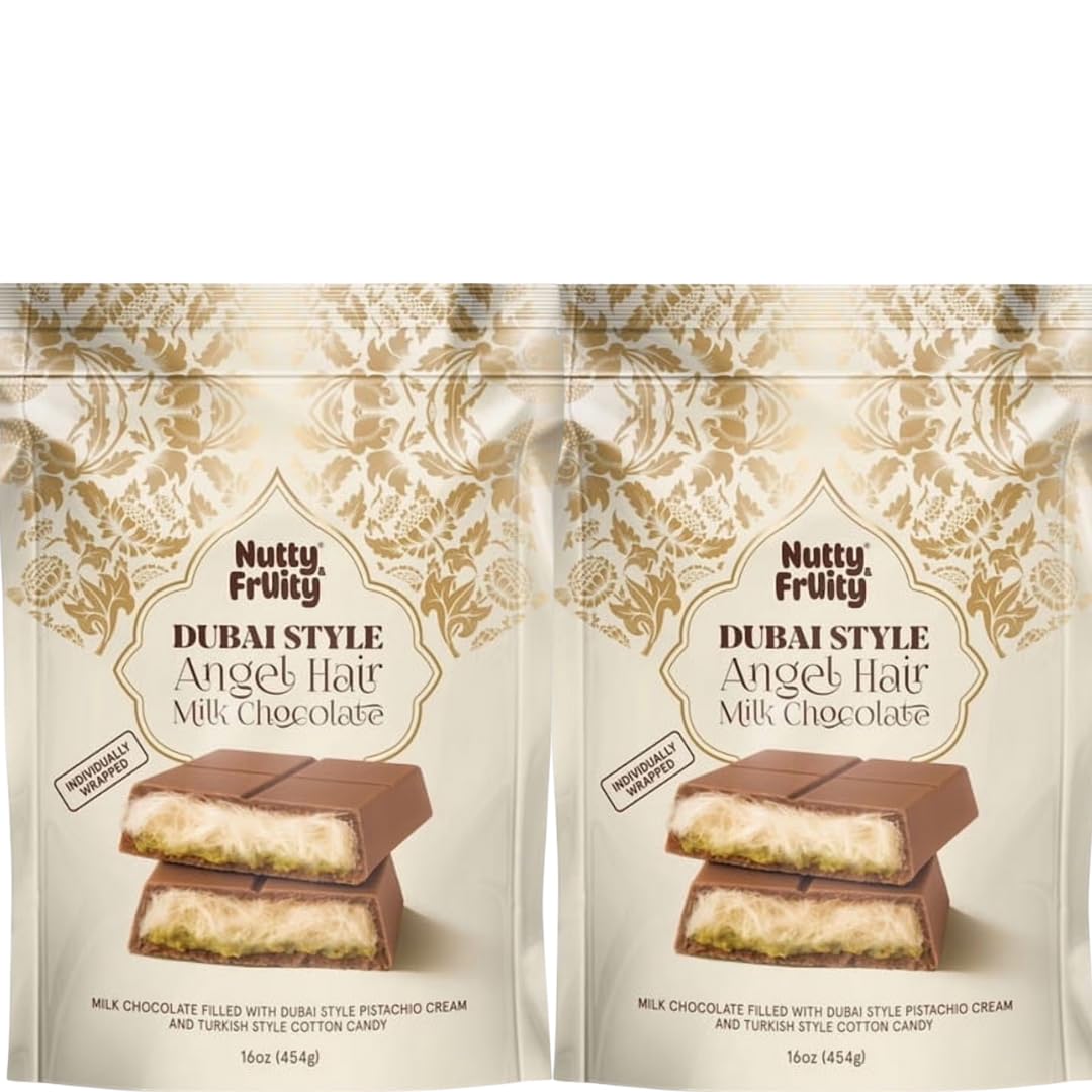 Nutty Fruity Dubai Angel Hair Milk Chocolate, Premium Middle Eastern Style Chocolate Candy, Creamy Milk Chocolate with Delicate Shredded Filling, 16 oz (Pack of 2)