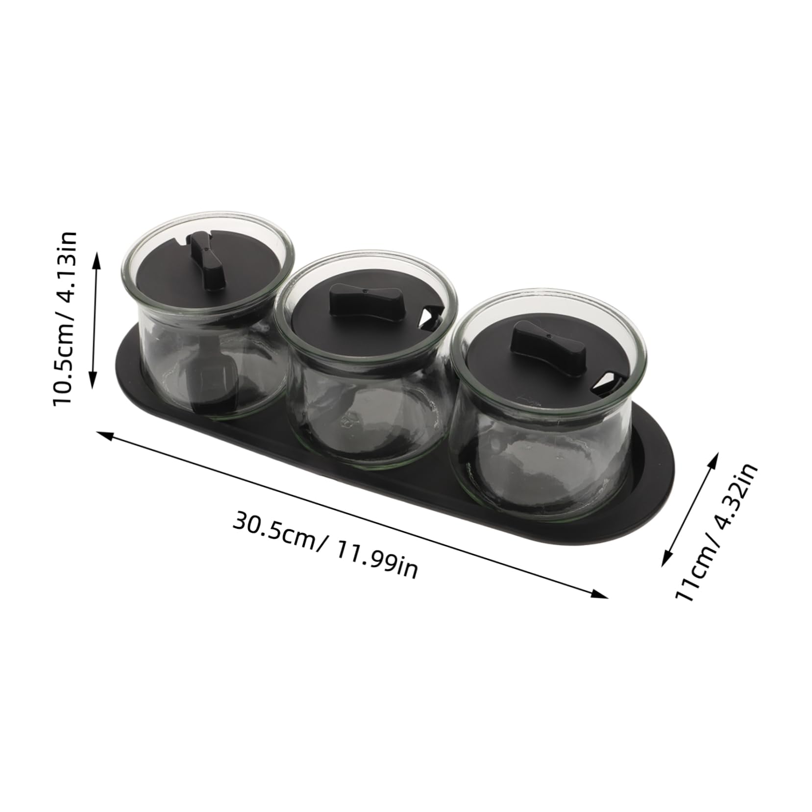 POPETPOP Set 3pezzi Barattoli per Spezie in Vetro Trasparente con Cucchiai e Vassoio, Contenitori Condimenti in Pp e Vetro Soda, Design Lavabile per Cucina