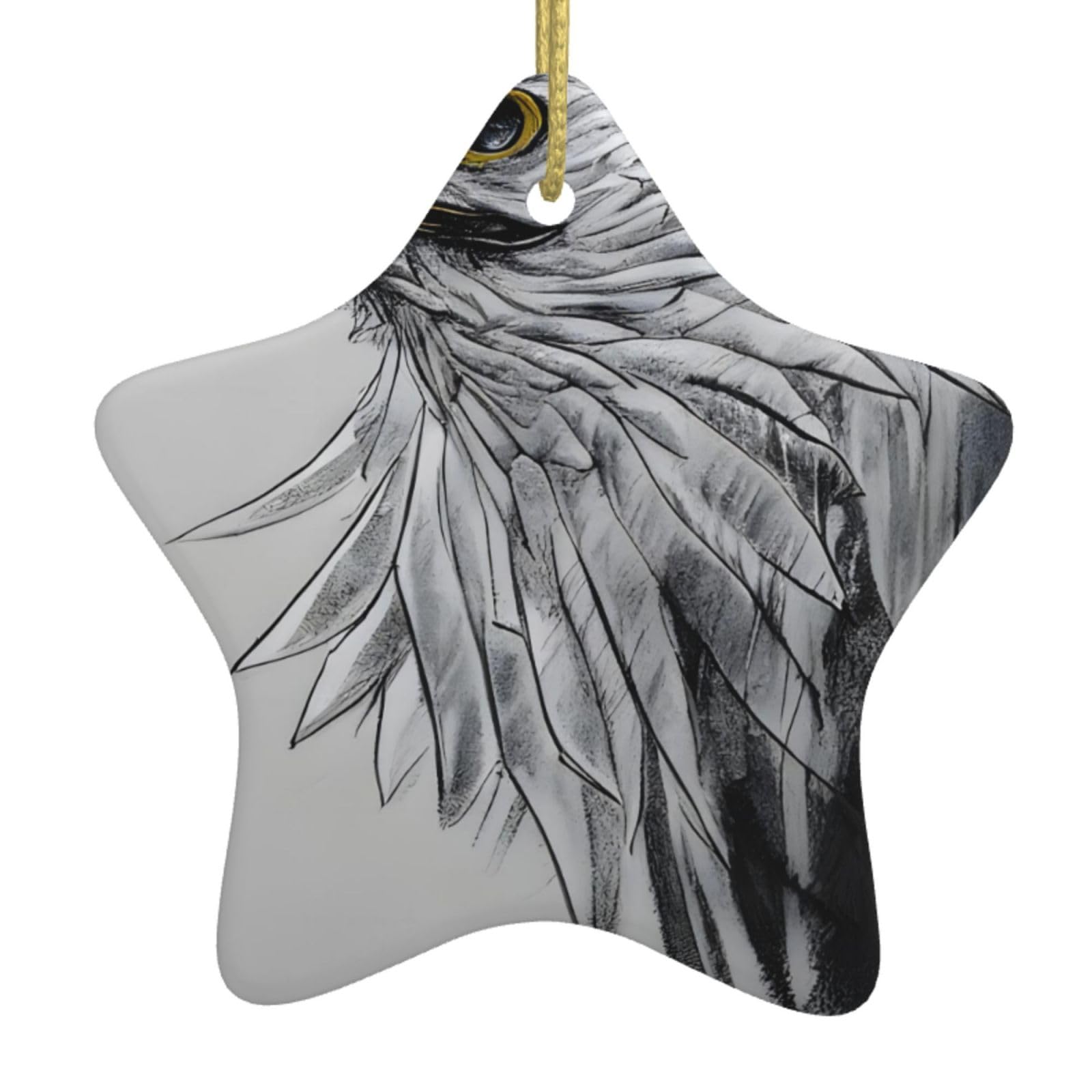 Sketching an Eagle Christmas Ceramic Star Pendant with Punched Holes and Gold Wire Rope, Christmas Tree Home Decoration