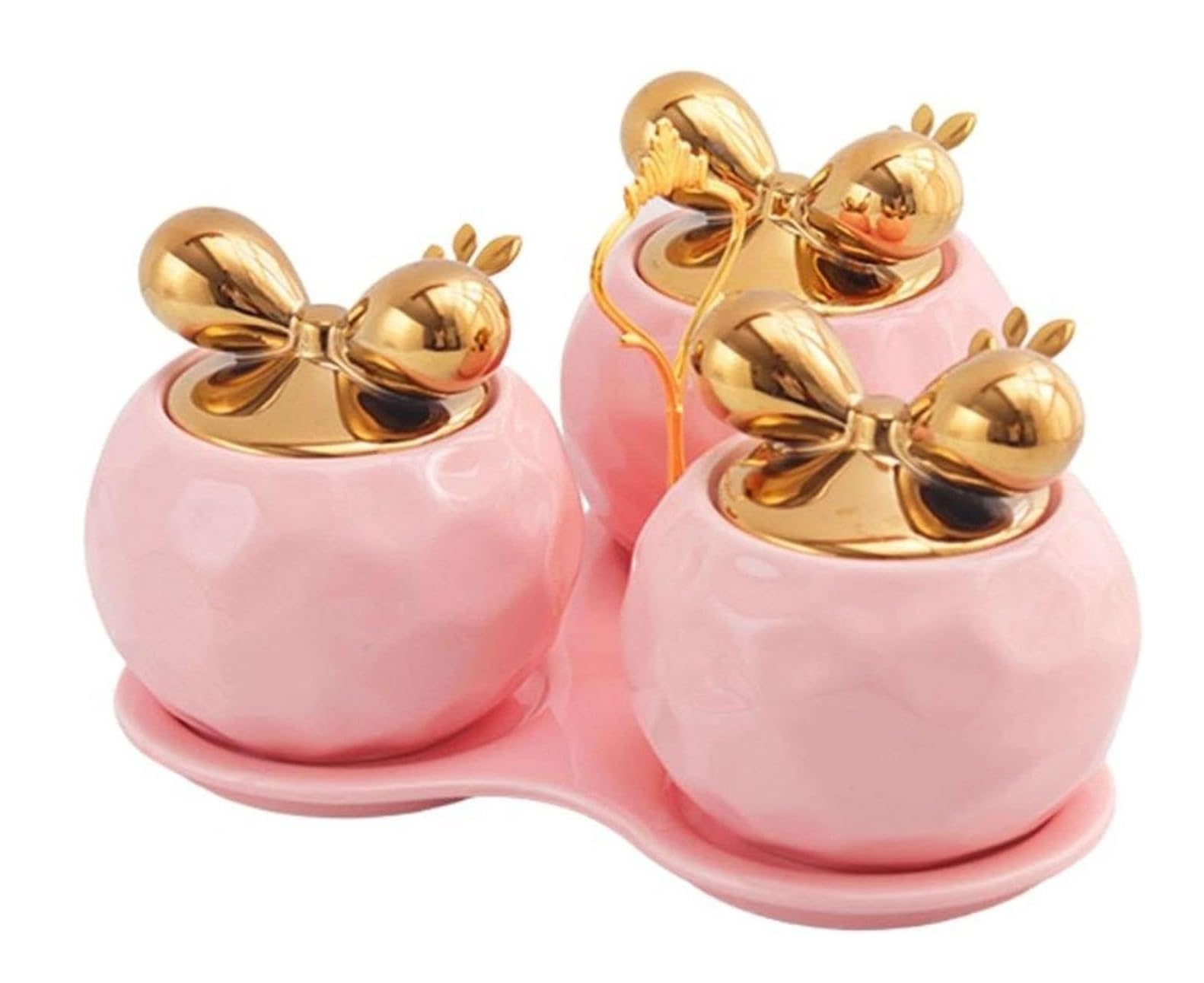 SAeWare Tarro de condimentos, contenedor de especias de cerámica con tapas de cucharas y bandeja, juego de cuencos de especias, organizador de condimentos, hogar, cocina, cocina, encimera, rosa, 3