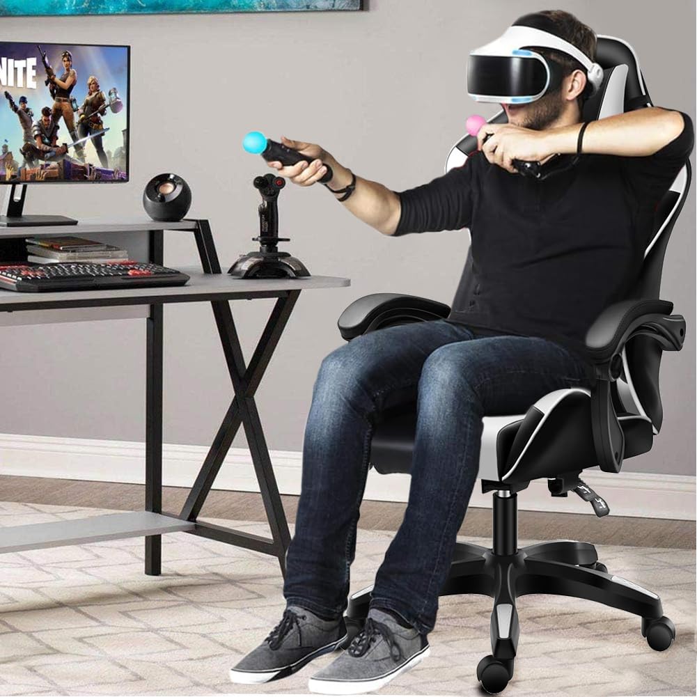 BAKAJI Sedia Poltrona Gaming Scrivana Ufficio Casa in Ecopelle Schienale Reclinabile Cuscino Lombare Poggiatesta Rotazione 360 Gradi Direzionale Altezza Regolabile Base 5 Ruote (Nero e Bianco)