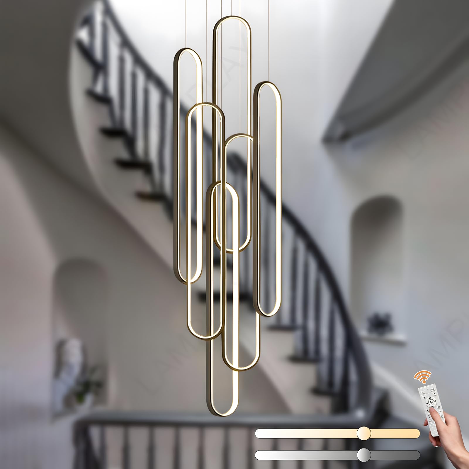 SYAXVOM Modern Adjustable Black Chandelier - 6 Ring Dimmable Foyer Light with Remote Control Perfect for Large Living Rooms & Hallways 3000K-6000K Brightness