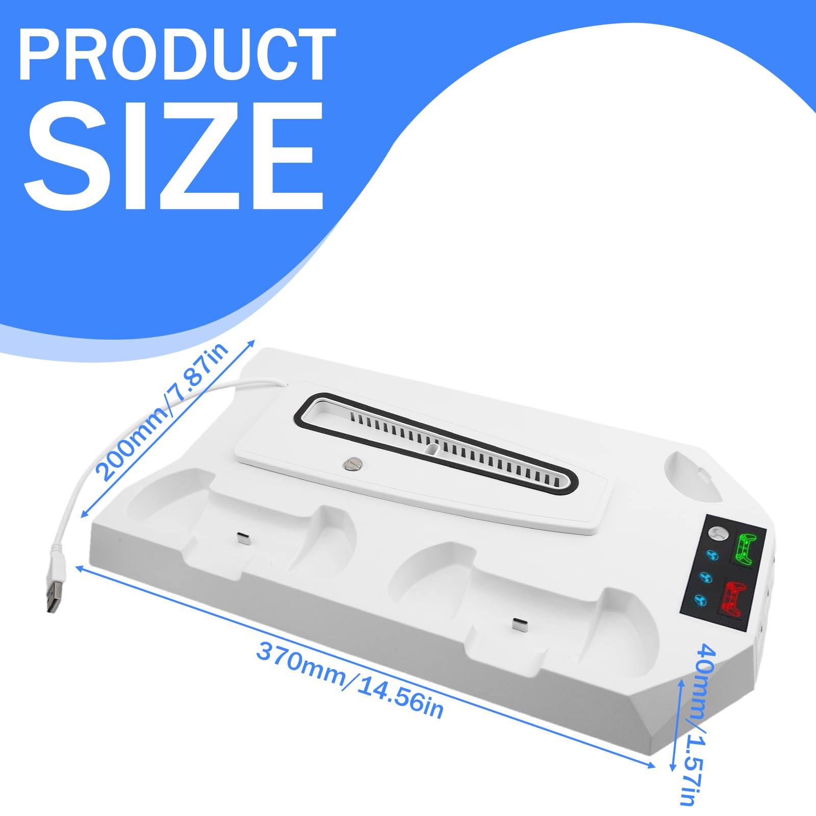 Supporto PS5/PS5 Slim/PS5 Pro con ventola a 3 livelli e 3 porte USB, supporto PS5, stazione di ricarica integrata per controller PS5 con indicatore LED e supporto per cuffie per PS5/PS5 Slim accessori