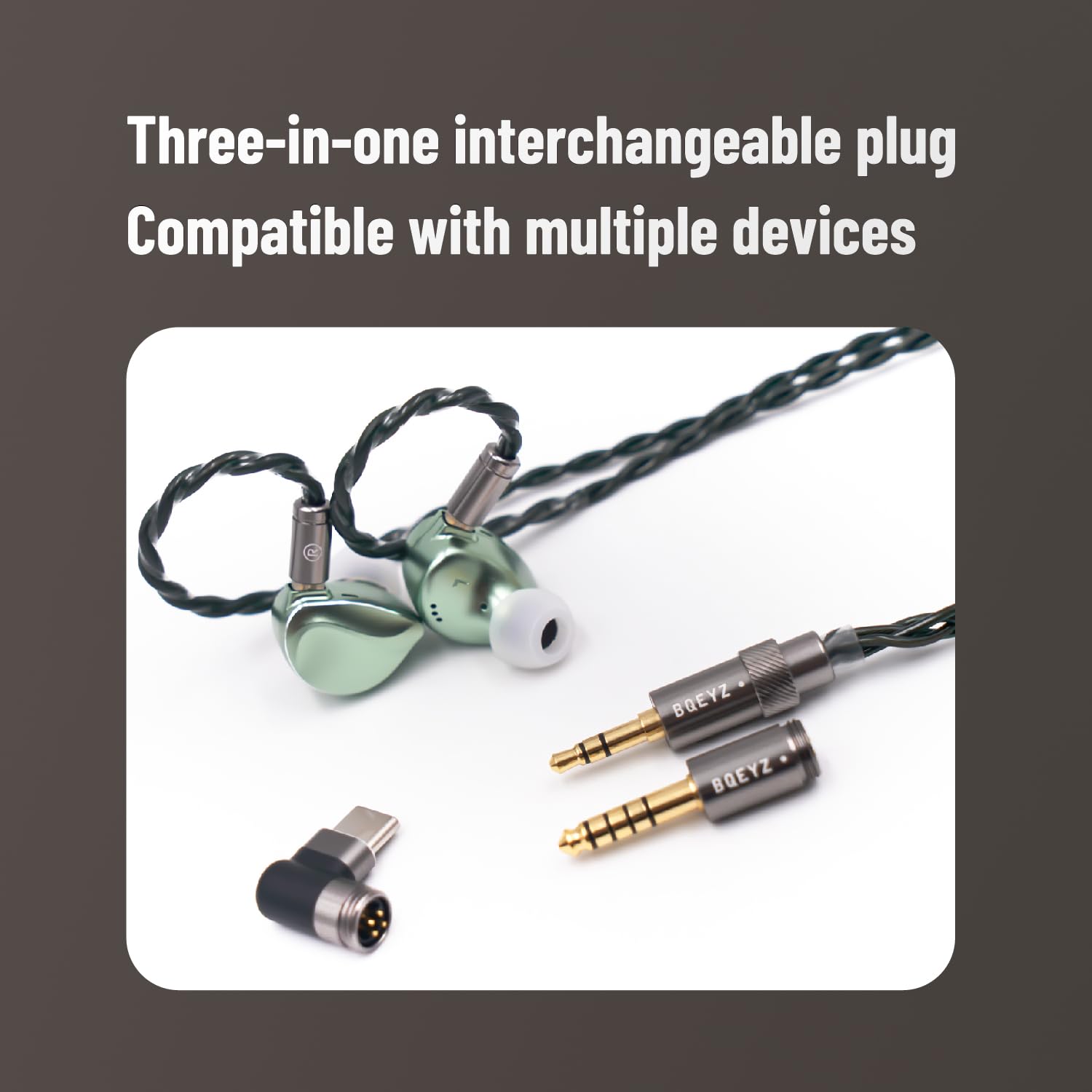 BQEYZ Winter2 słuchawki douszne przewodowe DD+BC HiFi do gier z odpinanym kablem do wentylatora audio (zielony, 3,5 mm + 4,4 mm + Type-C)