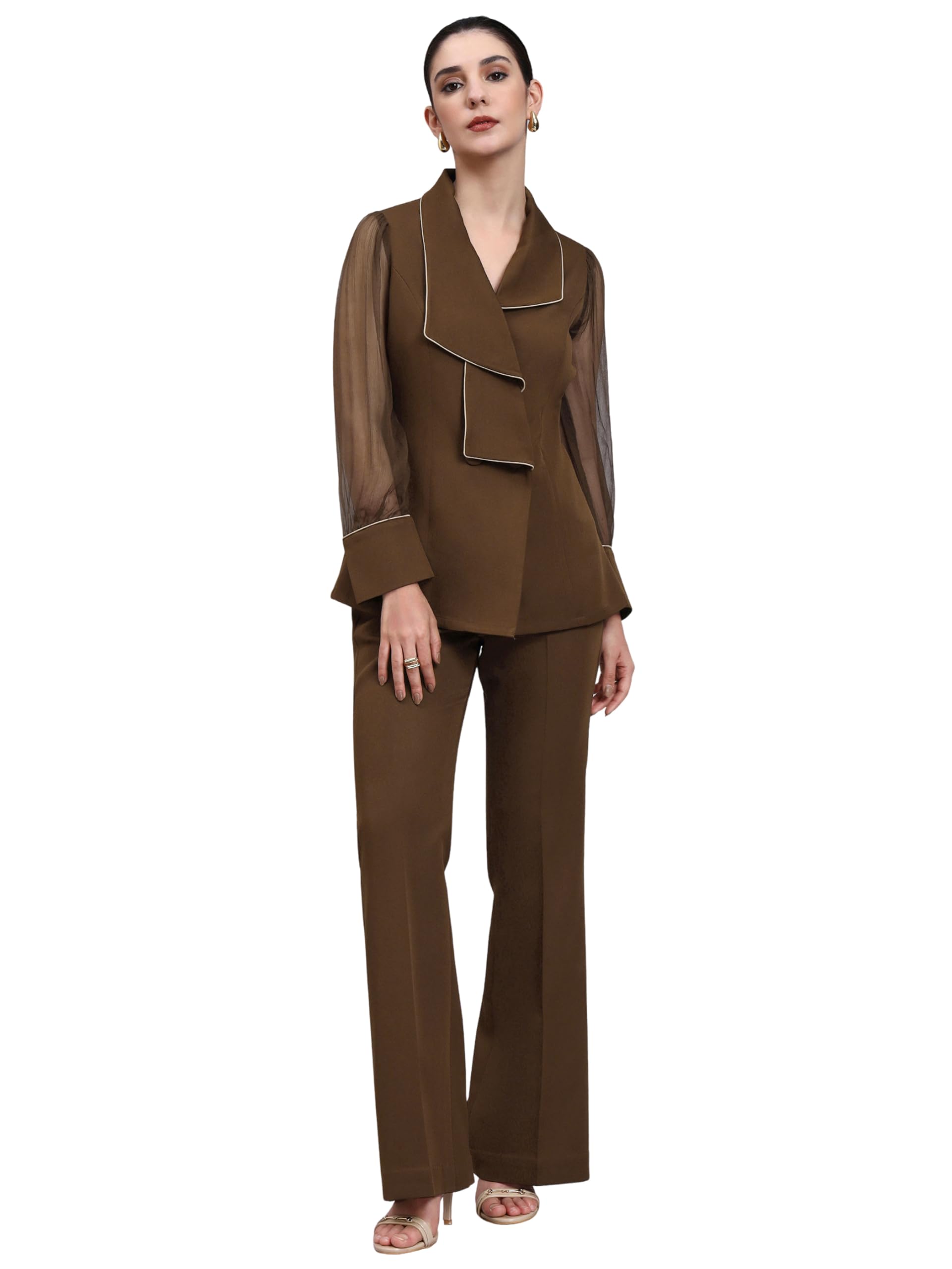 powersutra Brown Co-ord Set with Double Collar Top for Women | Formal Waistcoat Set | Office Wear 2-Piece Round Neck-picture-10