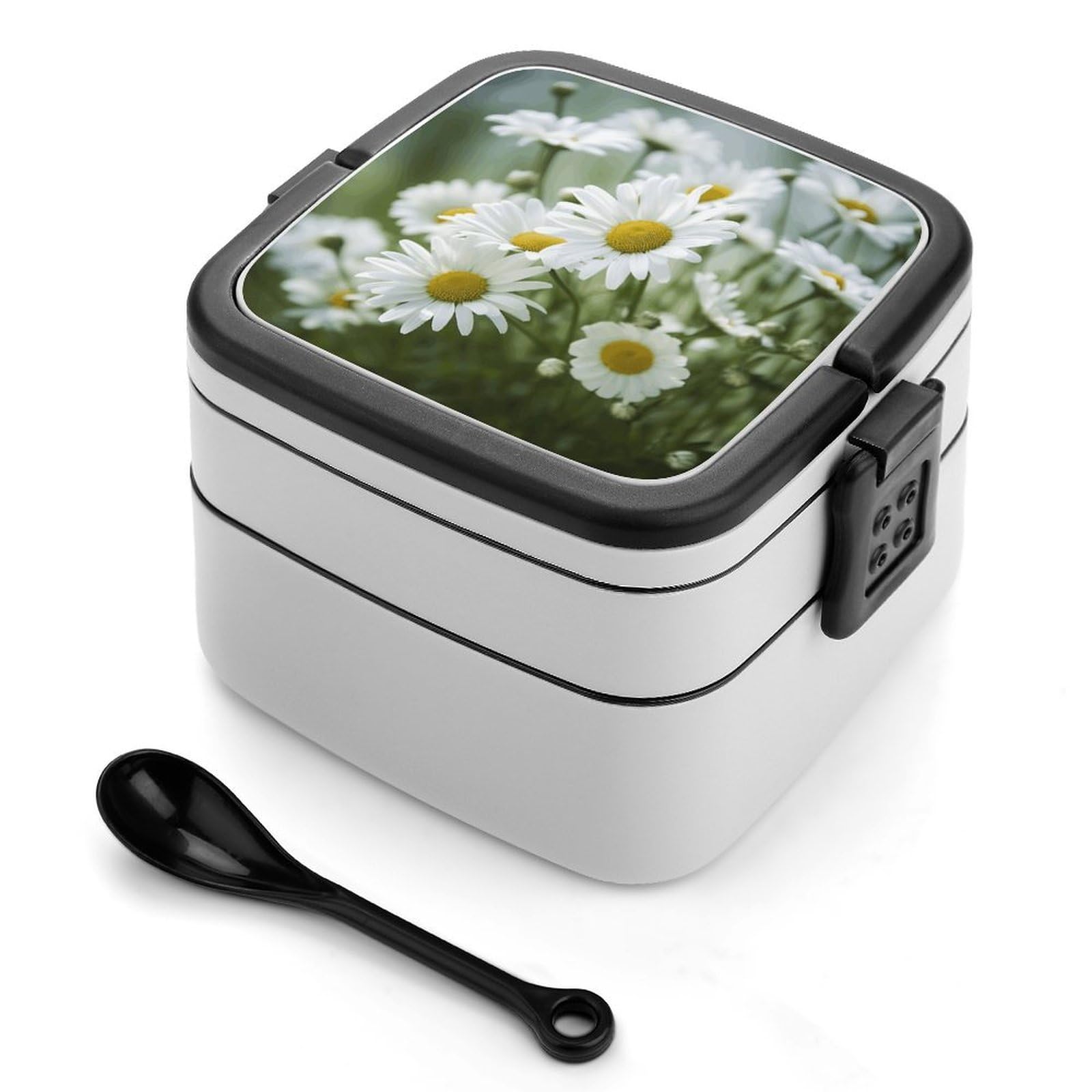 JTREHY Daisies Flower Lunch Box Double-Layer Portable Lunch Container Stackable Large Capacity Leakproof Bento Box for Dining Out Work Picnics Travel