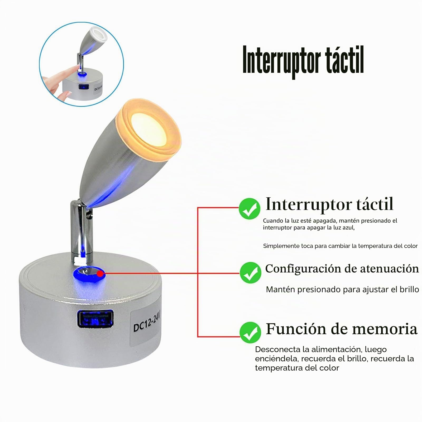 12V Led Lámparas Caravana, 12V Lectura Lámpara Cama, 3 Temperaturas de Color, 3w, Interruptor Táctil Dimmer, 12V Led Foco, Luces Led para Coche Camión Caravana Camping Barco(2 Piezas)