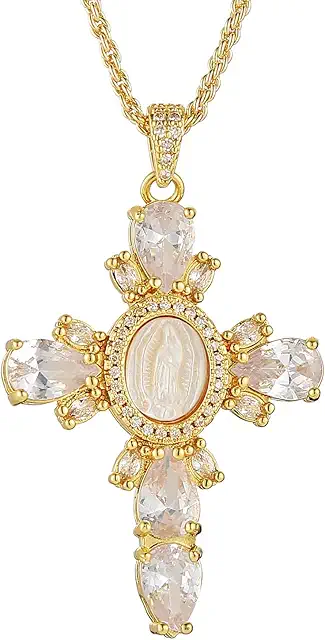 Dainty Virgin Mary Gold Cross Necklace - 18K Gold Plated with Cubic Zirconia