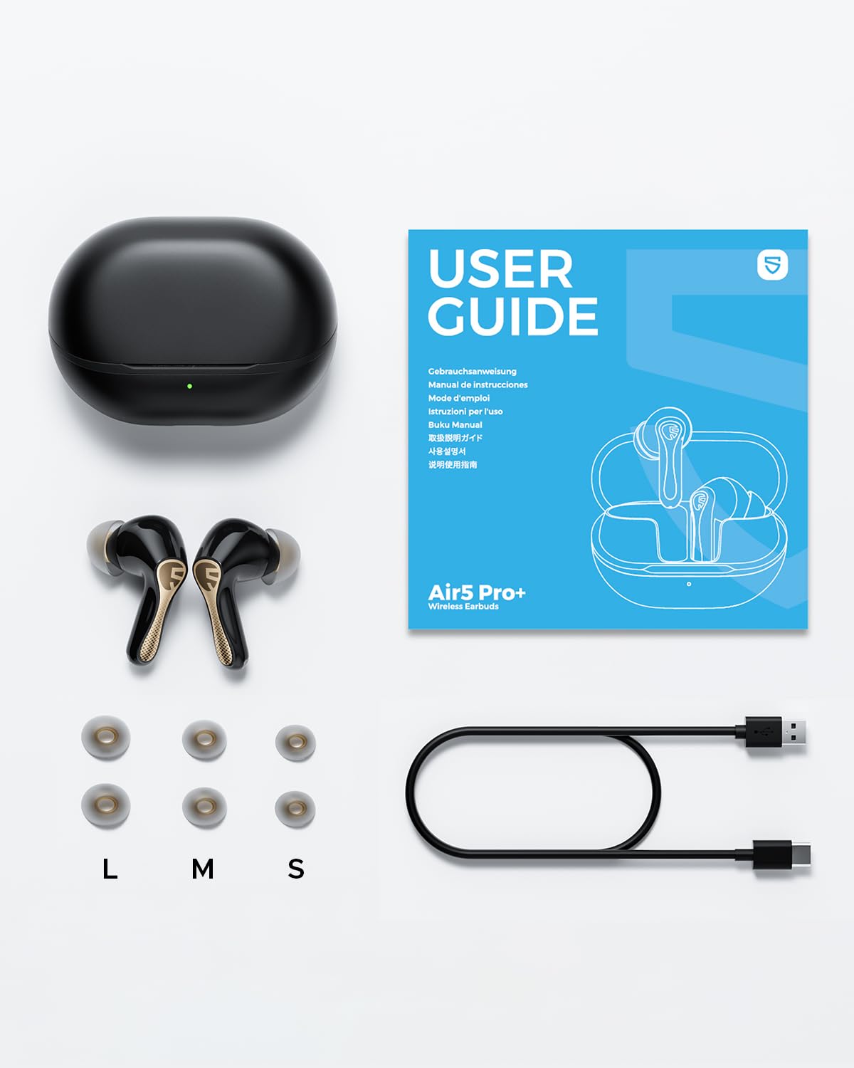 SoundPEATS Air5 Pro+ Cuffie Bluetooth 5.4 In-Ear, Driver Ibrido xMEMS + 10mm, ANC Adattivo 55 dB, 6 MIC, Snapdragon Sound, Hi-Res LDAC aptX Lossless, Multipoint, IPX5 | · xMEMS+10mm ibrido · aptX Lossless · 6 MIC antivento · IPX5 · ricarica 10min=2h · Mul