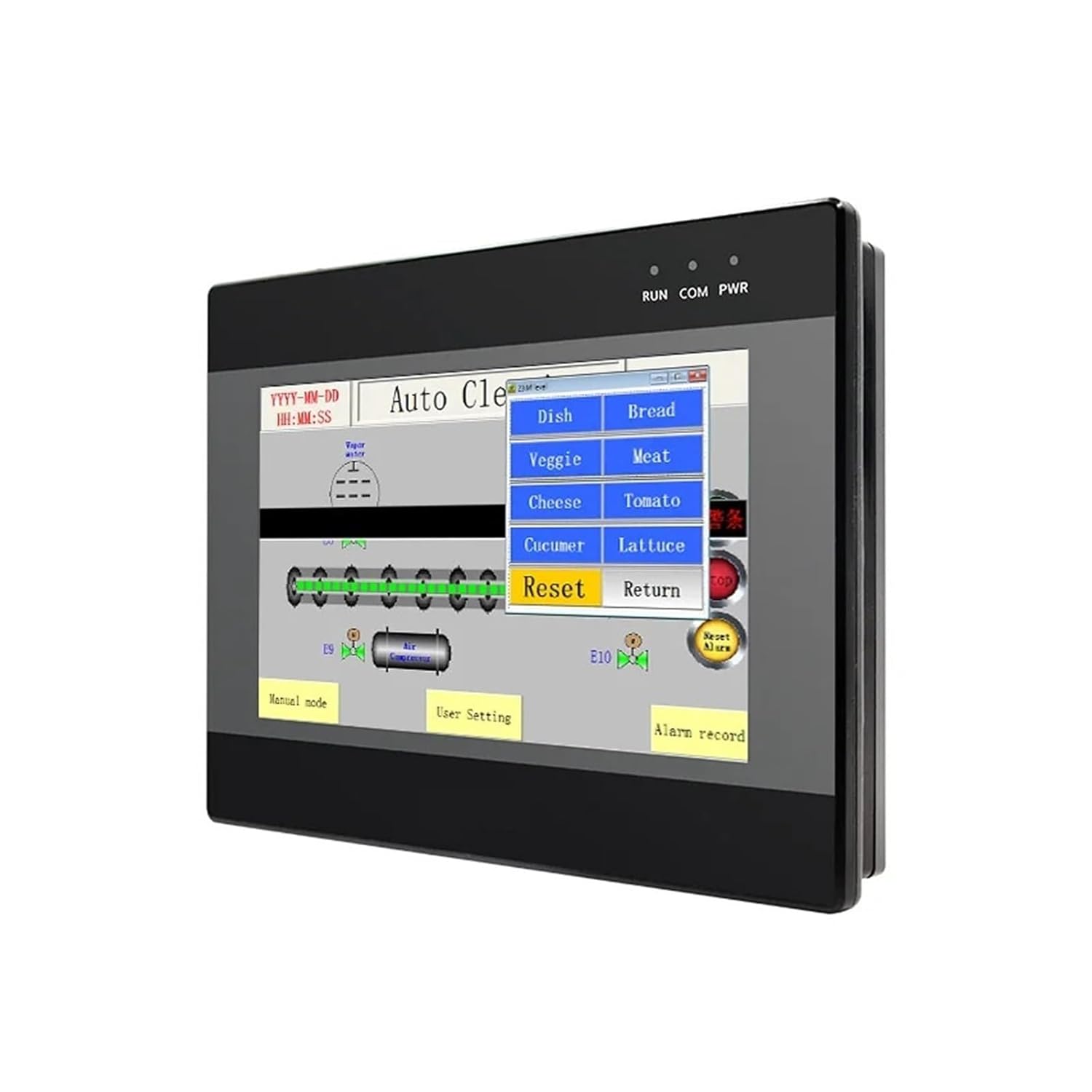 Front view of the HMI PLC Panel Controller displaying an 'Auto Clean' application screen with ingredient selection and reset options.