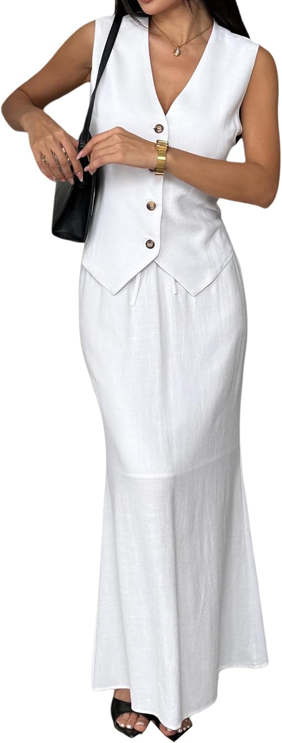 Women's Cotton Linen Two Piece Suit Set Sleeveless V-Neck Button Front Vest Top Maxi Skirt Summer Business Casual Outfit