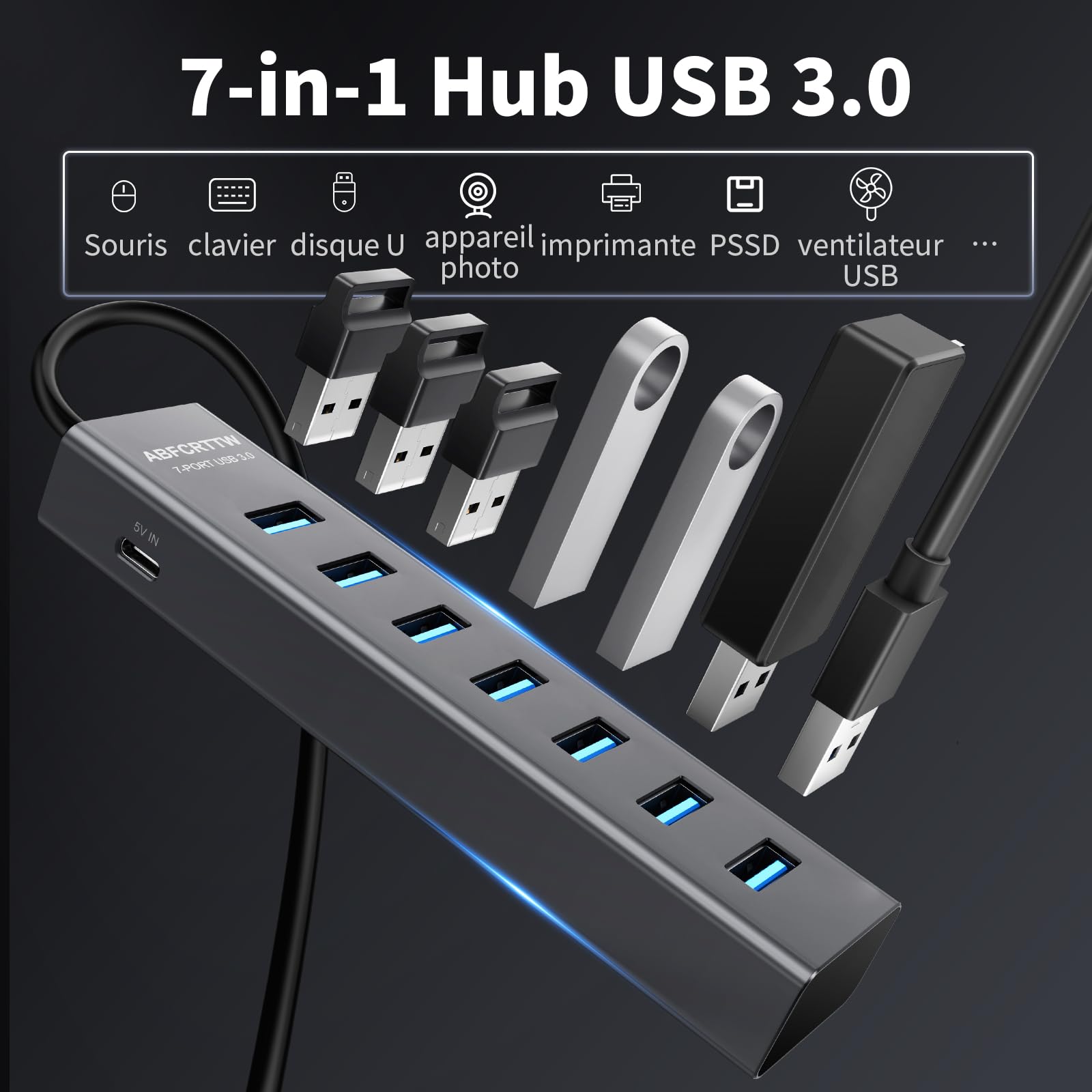 Hub USB 3.0 7 Ports Aluminium 120cm Câble 5Gbps 5V 3A Type-C pour PC Bureau