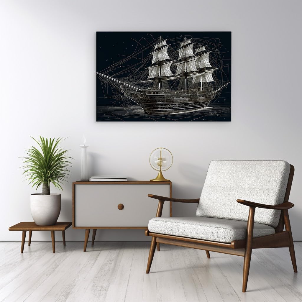 Canvas for Living room. Sailing Through the Night: A Stark Vision of Speed and Serenity on the High Seas, 27 x 18 inch Canvas Wall Art - Contemporary Masterpieces - Modern Home Decor