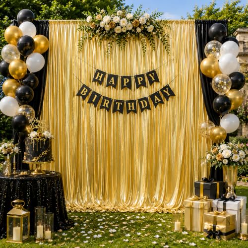 Kinhod 10x10 FT Gold Backdrop Sequin Backdrop Curtain for Party Shimmer Shiny Fabric Glitter Back Drop Cloth for Wedding Birthday Graduations Photography Background (2 Panels 5x10 FT)