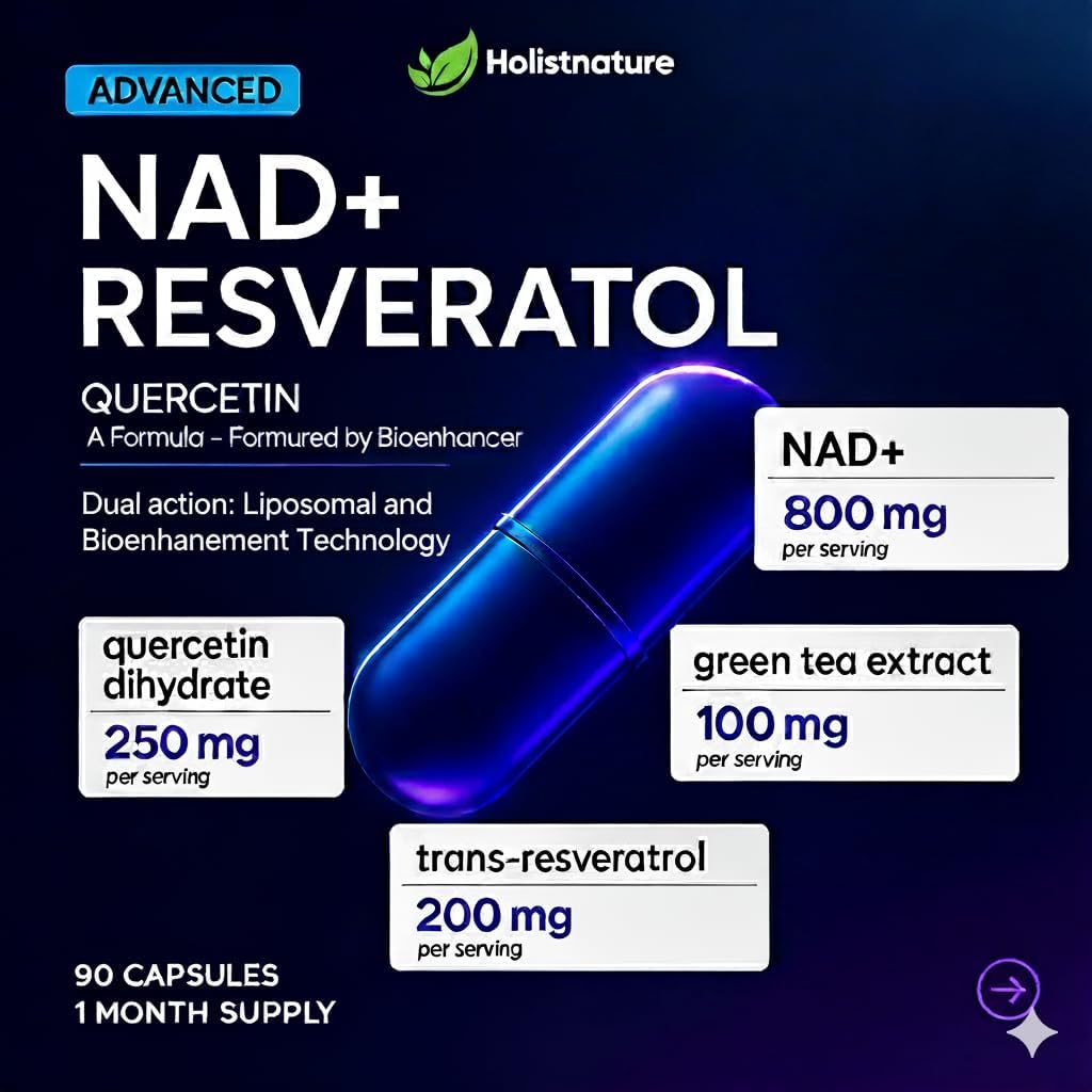 NAD+ Supplement, 1,360mg Max Strength Liposomal | Resveratrol, Quercetin, Green Tea | Cellular Energy & Healthy Aging for Men & Women | 800mg of 100% High Purity NAD+ for Energy, Focus - 90 Capsules - Image 4