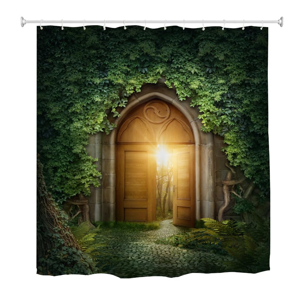 goodbath Garden Shower Curtain Outdoor Fence, 3D Nature Scenery Landscape Leaves Gate Door Bath Curtains for Bathroom Wall, 180 x 180 cm