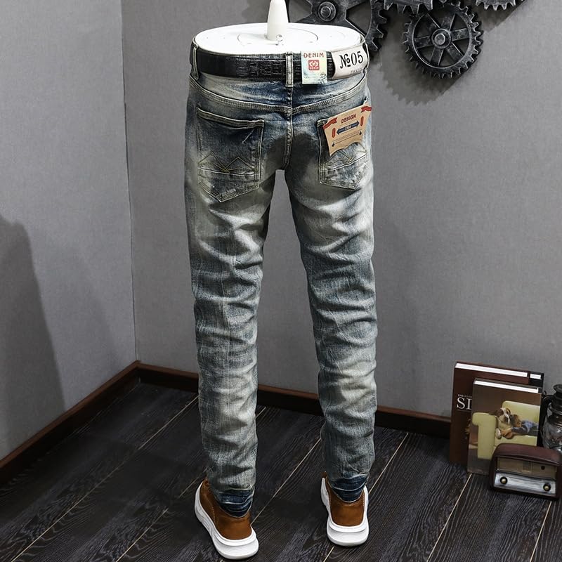 Mens Jeans Retro Light Blue Stretch Slim Fit Printed Ripped Jeans Men Hole Trousers Vintage Casual Pants4