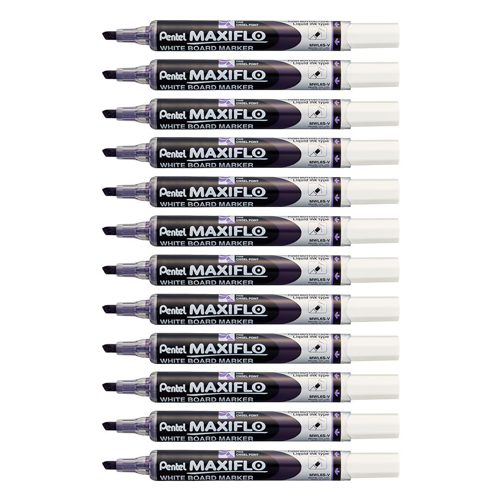 Pentel Maxiflo - Lote de 12 rotuladores para pizarra blanca (punta biselada), color morado