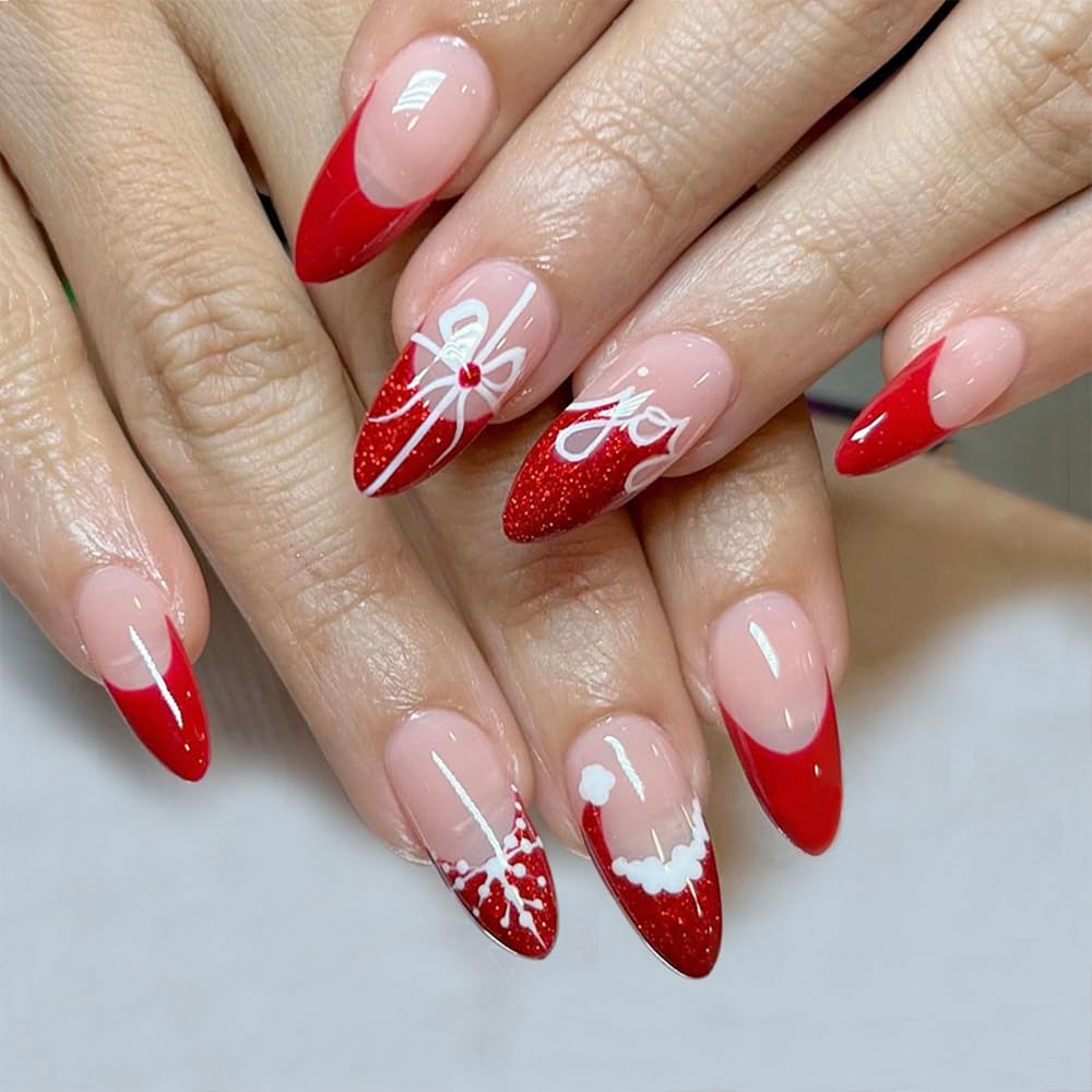 Christmas Red Press on Nails Almond Medium French Tip Hat Fake Nails with Design Xmas Bow Artificial Nails Medium Length Acrylic Glue on Nails