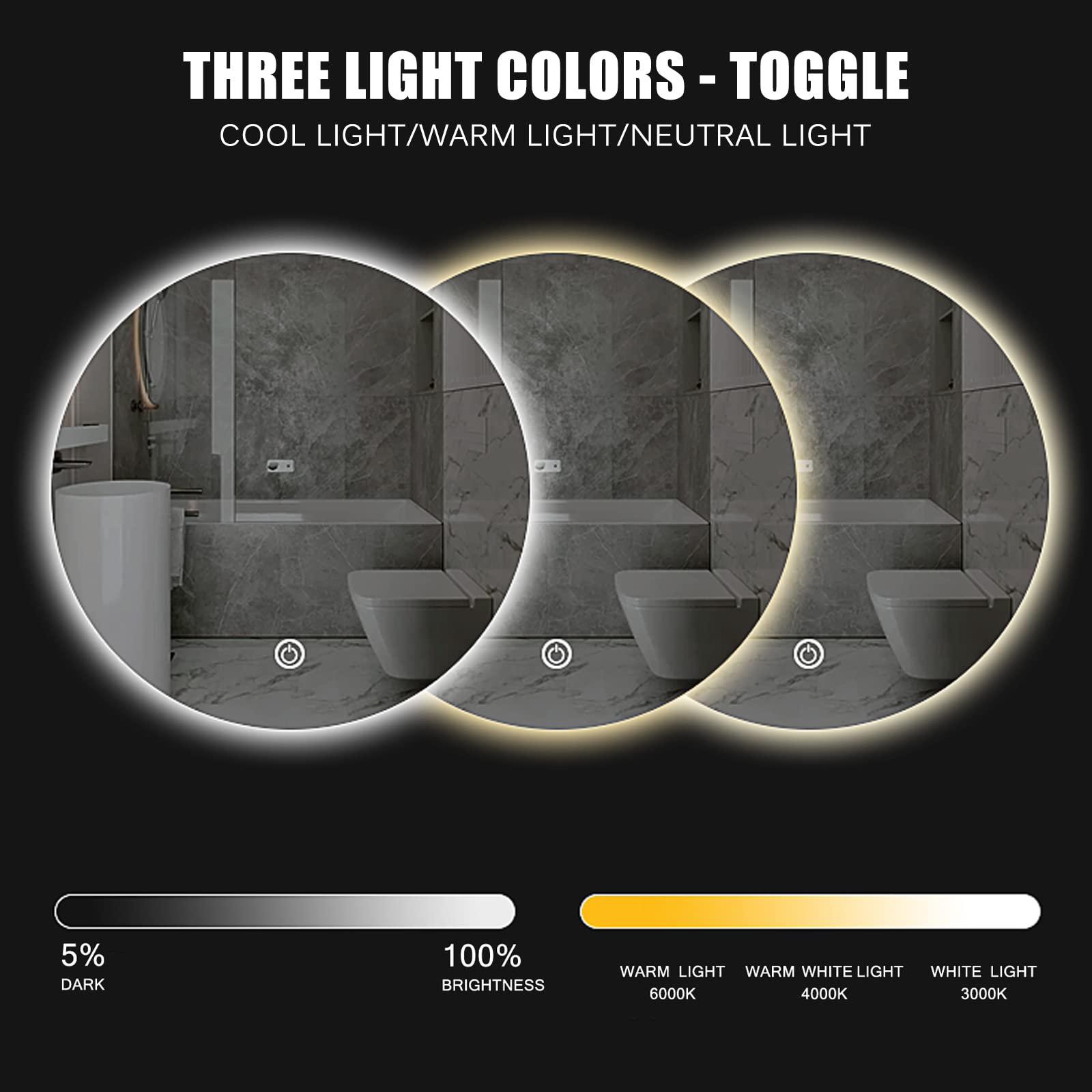 Specchio Espejo de baño Redondo LED de 800 x 800 mm | Espejo de tocador retroiluminado con Control táctil | Espejo de maquillaje con Marco para pared | Diseño Elegante y funcional