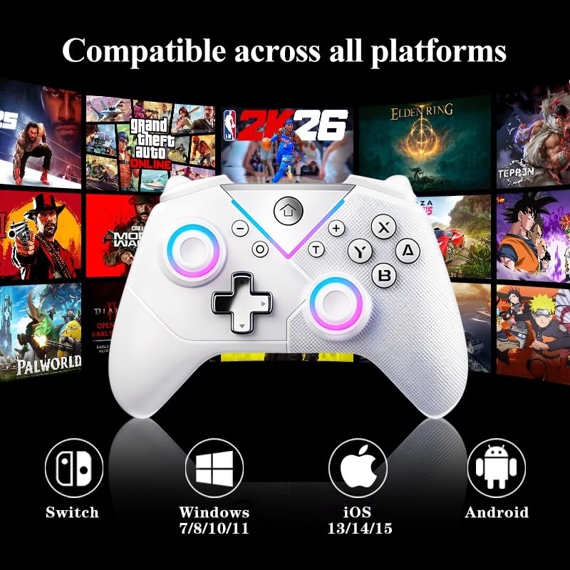 Ahuamty Wireless Bluetooth Controller for Switch 2/Switch/PC/Android/IOS/Steam, Hall Effect Joysticks & Triggers for Zero Drift, 6-Axis Motion Control with RGB, Turbo & Macro