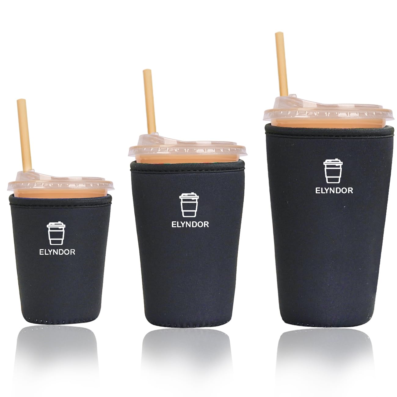 Reusable Insulated Sleeve for Iced Coffee Cup, 3-Pack Coffee Neoprene Drink Sleeve for Cold &amp; Hot Drinks, Beverage Holder for Iced Coffee (Black Solid)