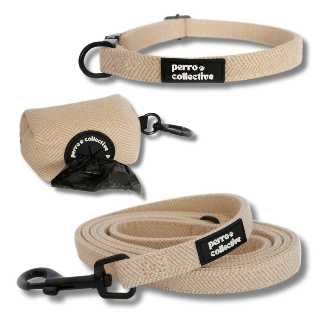 perro collective Juego de Collar, Correa y Bolsa para excrementos para Perros en Beige Pequeño (Beige, S)