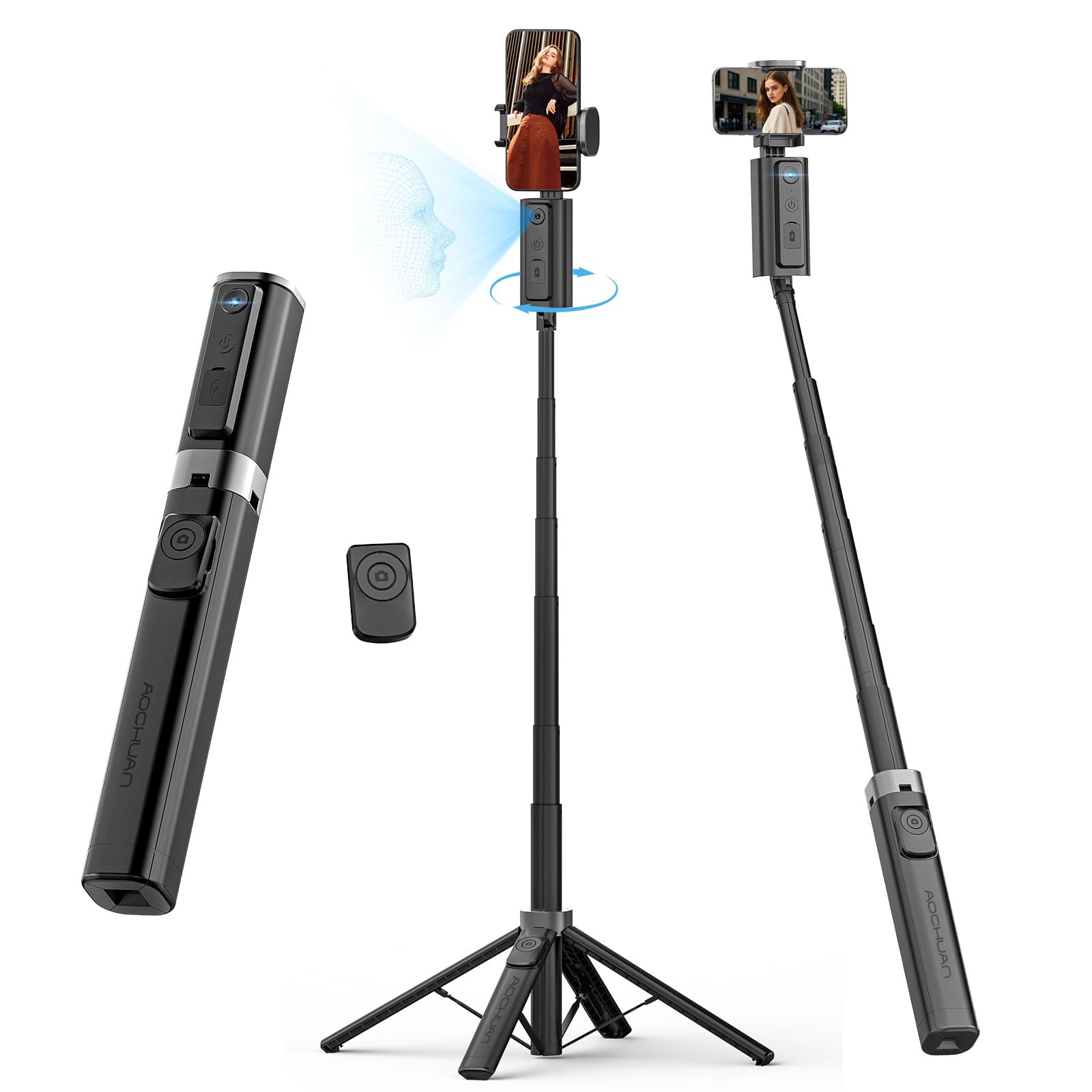 AOCHUAN Treppiede per rilevamento automatico del viso, con controllo gestuale per iPhone, asta estensibile, bastone per selfie rotante a 360°, telecomando wireless, registrazione video per treppiede