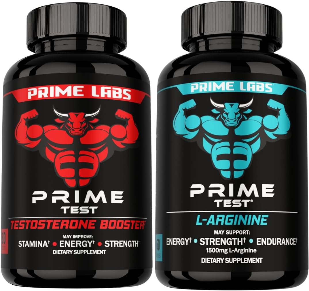 Prime Labs Prime Test Testosterone Booster + L Arginine Nitric Oxide Capsules - 60 Count Each