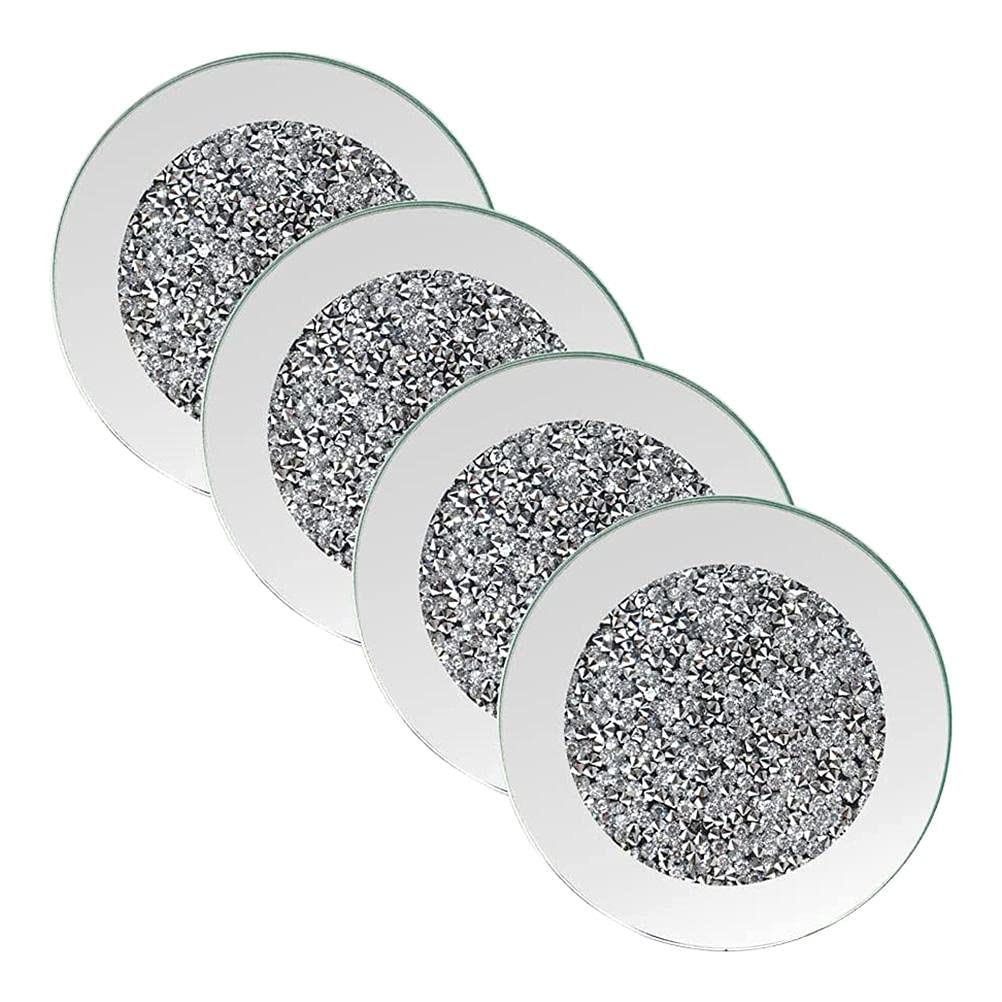 Yolluu Glass Mirrored Coaster,Gold Sparkle Glitter Silver Glass Coasters,4Pcs 4 inch Crushed Diamond Cup Mat Tabletop Decor for Restaurant Kitchen Bar Dining Table