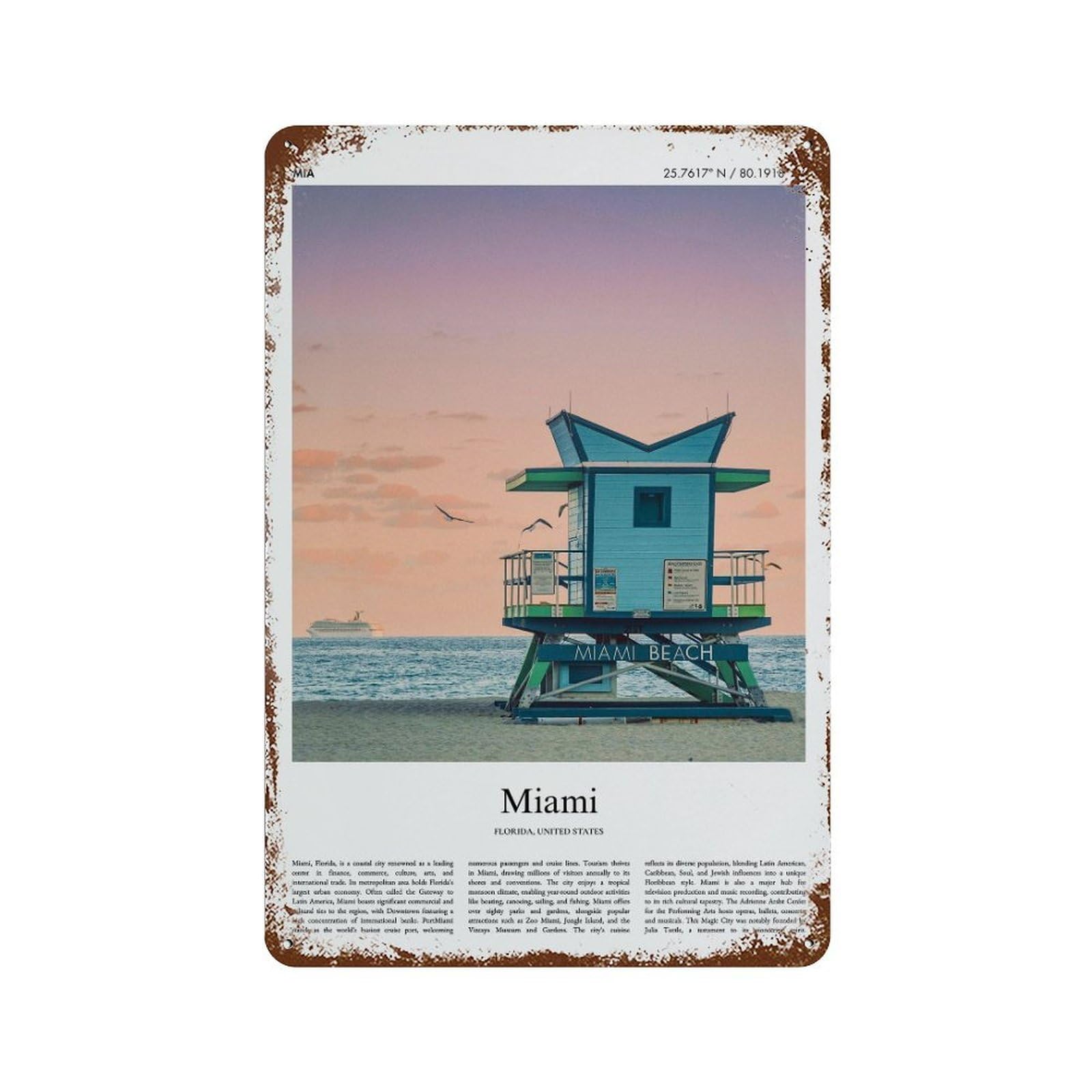 xiaoxiaoshen Miami Florida, United States, USA City Scenery Wall Decor Art Metal Tin Poster Modern Home Decor Art Home Bar Shop Decorations Vintage Sign 30x20cm