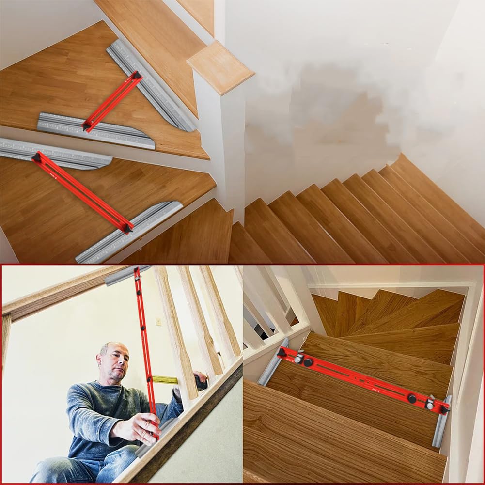 Ensemble d'outils de gabarit de marche d'escalier réglable de 20,3 cm à 182,9 cm en aluminium pour mesurer avec précision la longueur et la profondeur, jauge d'escalier pliable multi-angle, outil de
