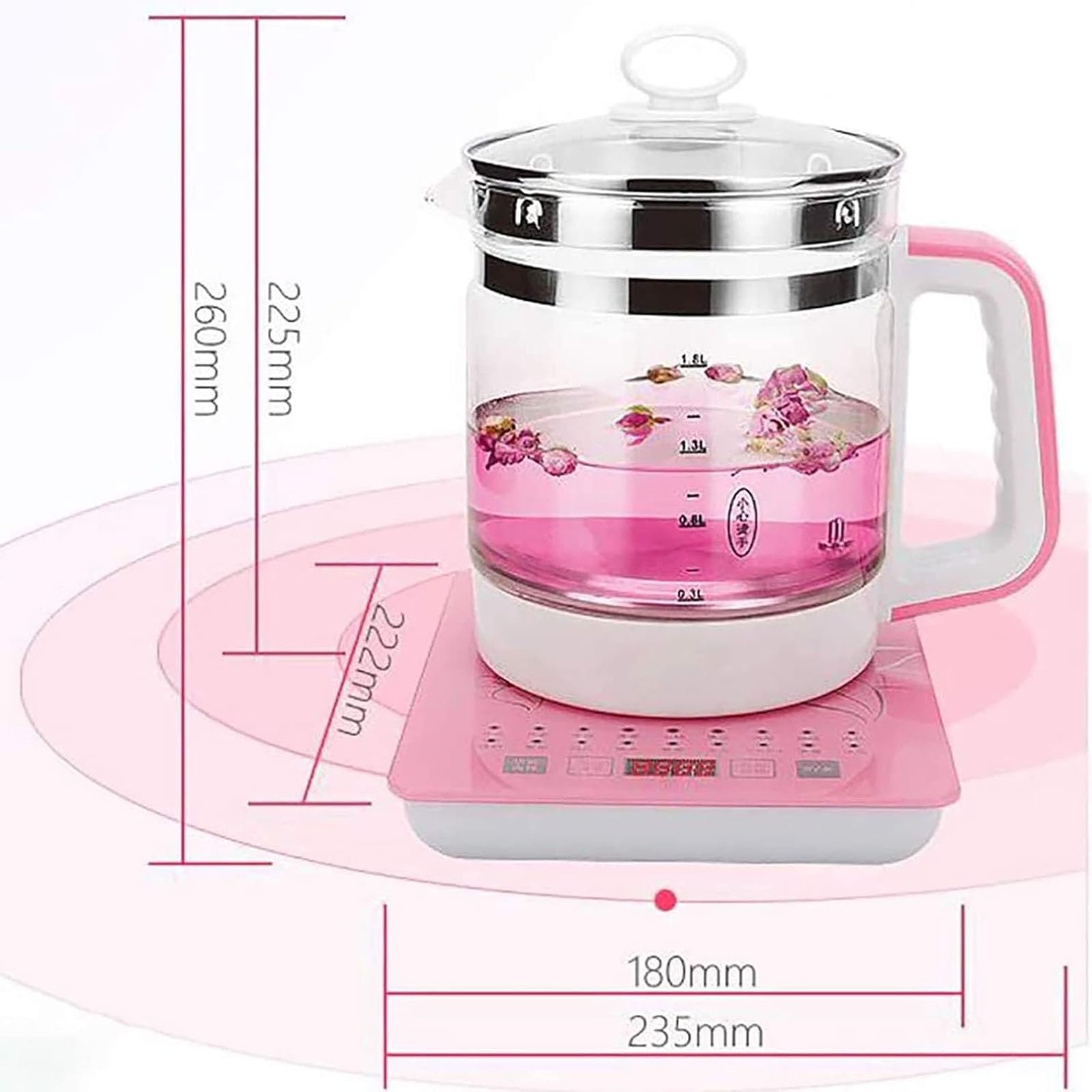 Hervidor de Agua eléctrico de 1,8 l, Tetera de Cristal, Tetera multifunción, Tetera eléctrica de Cristal con Espesamiento automático, Color Rosa