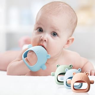 PODOO 3 Pack of Baby Teething Toys, Silicone Toy for 3+ Months Infants, Baby Chew Toy Sucking Needs, Anti Dropping Hand Pacifier Babies Teethers (Blue, Pink, Green) (Bear Shape (3Pcs))