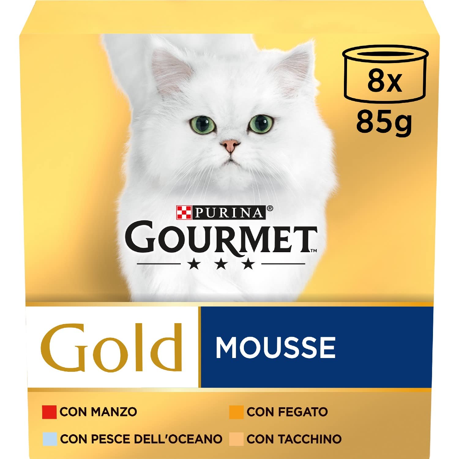 GOURMET GOLD Cibo umido per gatti adulti Mousse con Pesce dell'Oceano, Fegato, Tacchino e Manzo 96 lattine da 85g