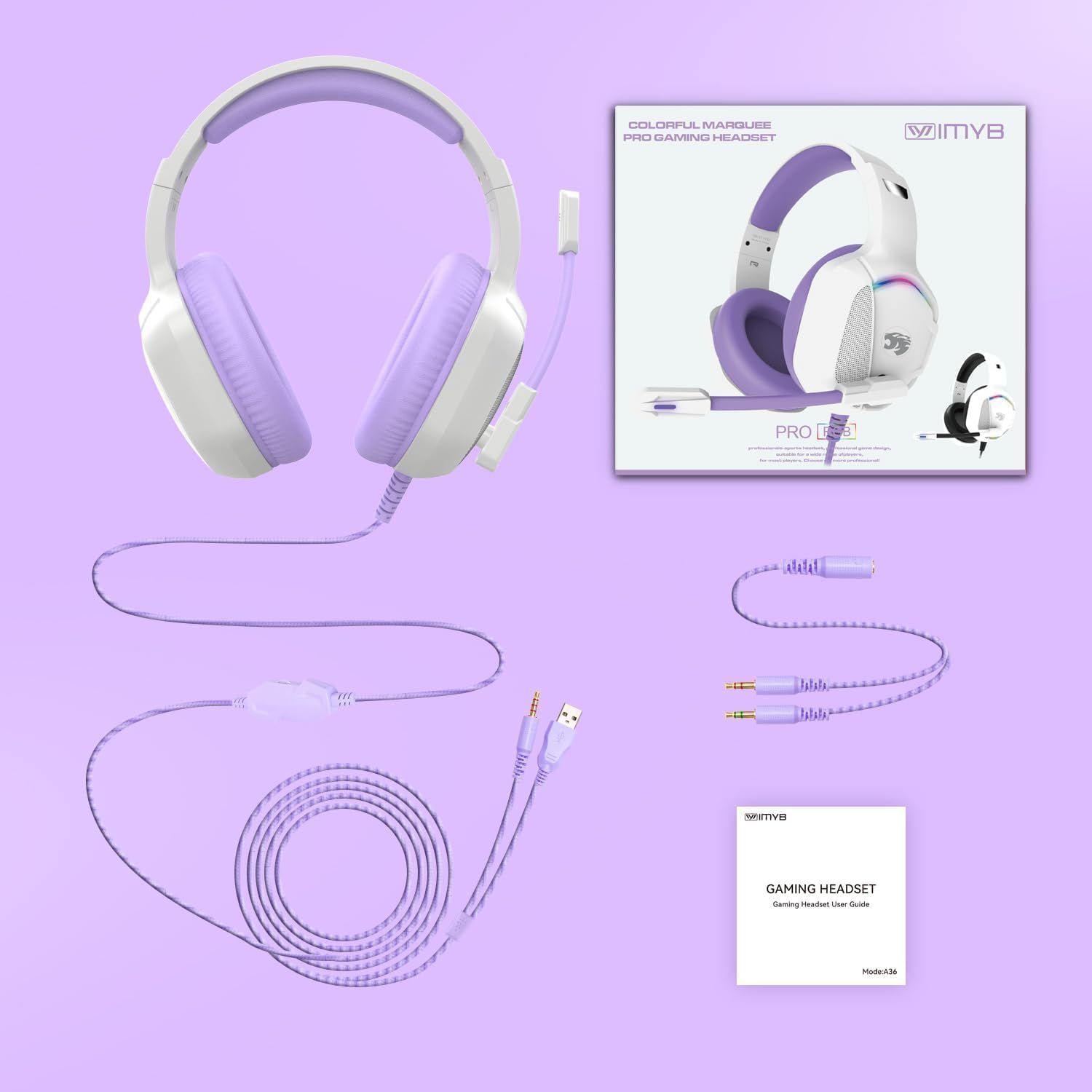 Casque de jeu avec microphone pour PC, Xbox One Series X/s, PS4, PS5, Switch, casque stéréo filaire supra-auriculaire avec micro RVB, pour ordinateur, ordinateur portable, Mac, Nintendo (blanc violet)