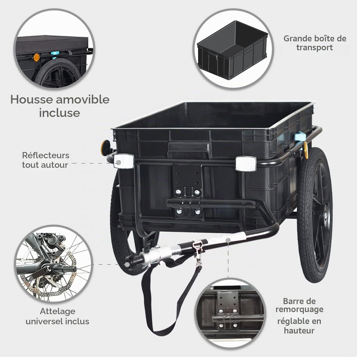 Tiggo Plus Remorque de vélo 70l Cargo remorque Chariot à Main 2 en 1 Grande boîte de tranport