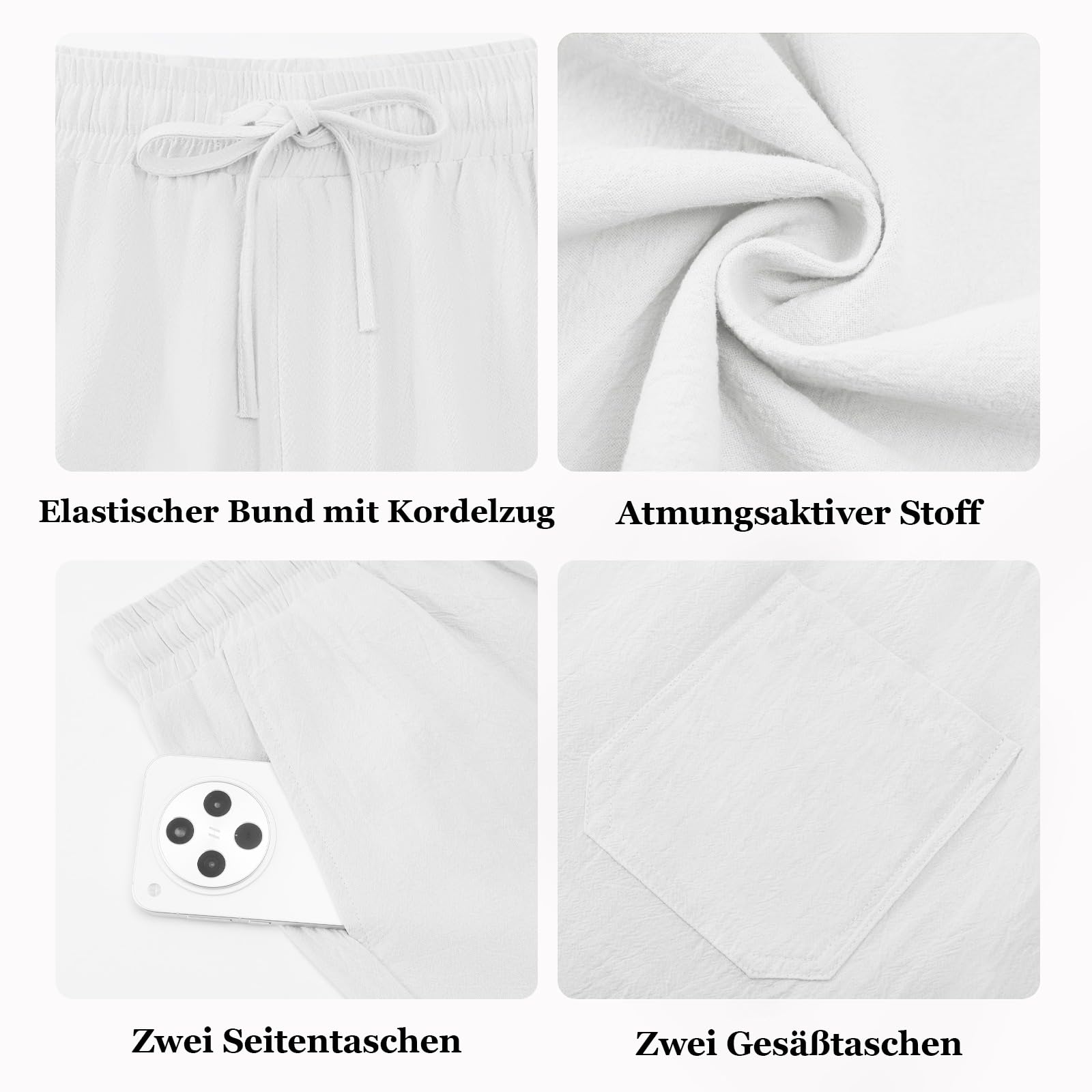 Litthing Pantalones de lino de algodón para hombre, pantalones casuales de verano, ajuste holgado, cintura elástica, pantalones con cordón, pantalones ligeros con bolsillos laterales y traseros para