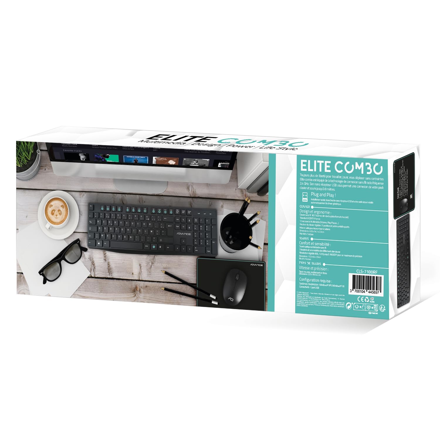 Advance | Elite Wireless Combo | Juego de Teclado inalámbrico + Alfombrilla | Kit de Escritorio para PC/portátil | Teclado ergonómico | Ratón óptico 1600 dpi y Rueda silenciosa | Alfombrilla
