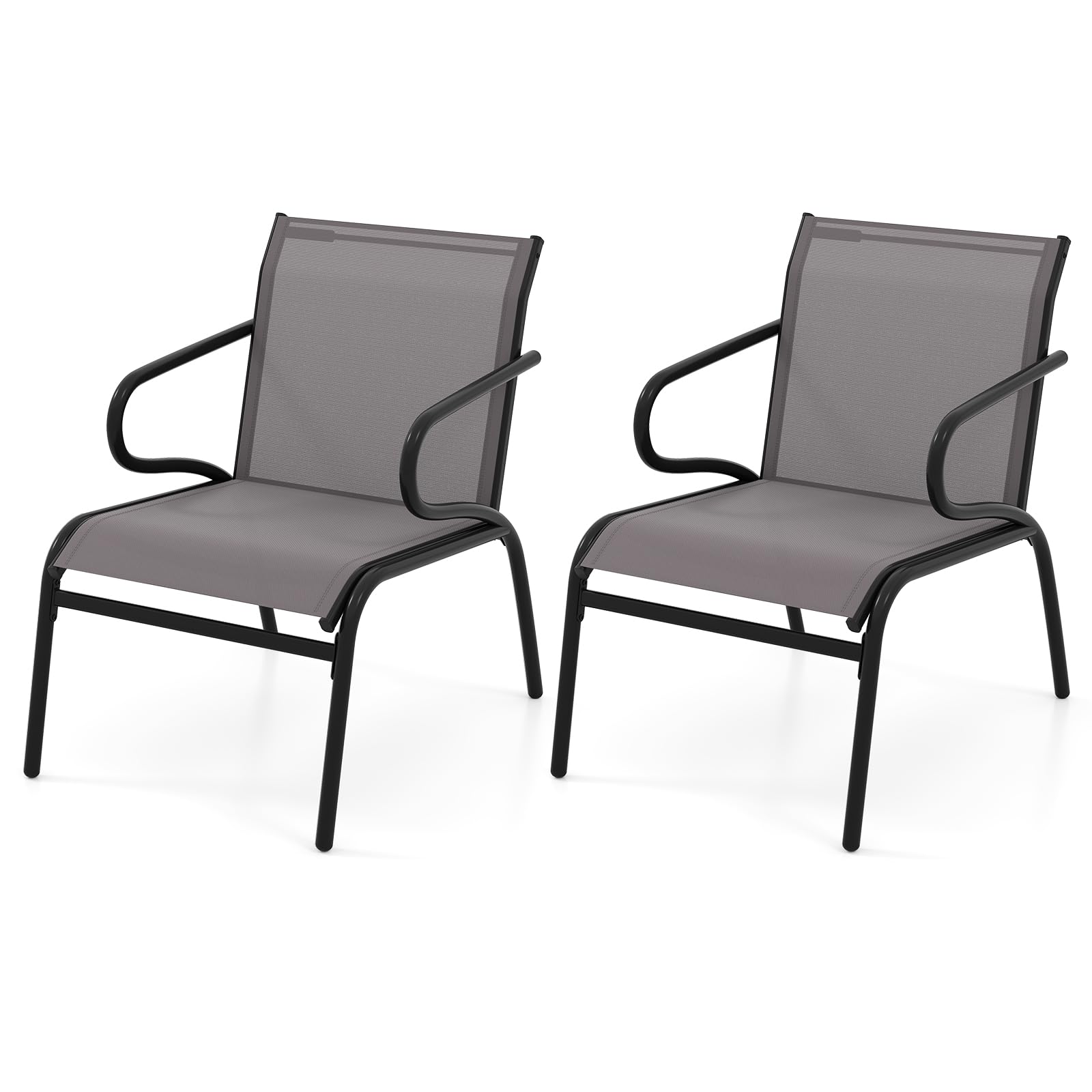 GOPLUS Lot de 2 Chaises Jardin Exterieur, Chaise Balcon Empilables avec Dossier Haut et Accoudoirs, Tissu Respirant et Structure Métallique, pour Jardin, Terrasse, Charge 100KG