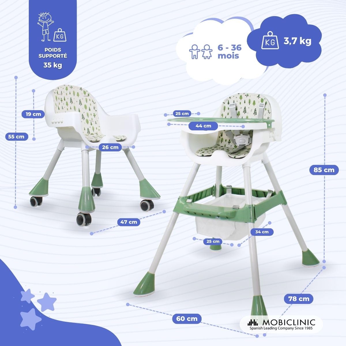 Mobiclinic® kids, Chaise haute évolutive, 2 en 1, Hauteur réglable, Double plateau, 6-36 mois, Forest, Harnais de sécurité 5 points, Roues amovibles, Jusqu'à 35 kg, Panier rangement, 360º