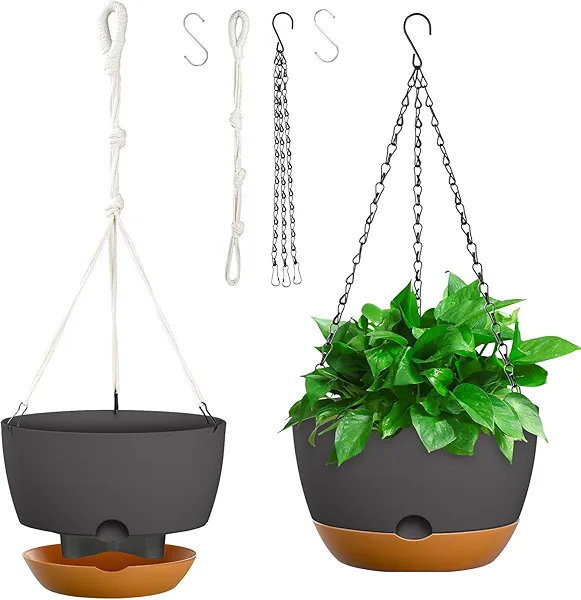 PresentGlee 10 Inch Hanging Planters for Indoor & Outdoor Plants (2 Pack) - Self-Watering & Drainage Flower Pots with 2 Kinds of Plant Hangers for Home Decor & Garden (Deep Gray, 10 in)