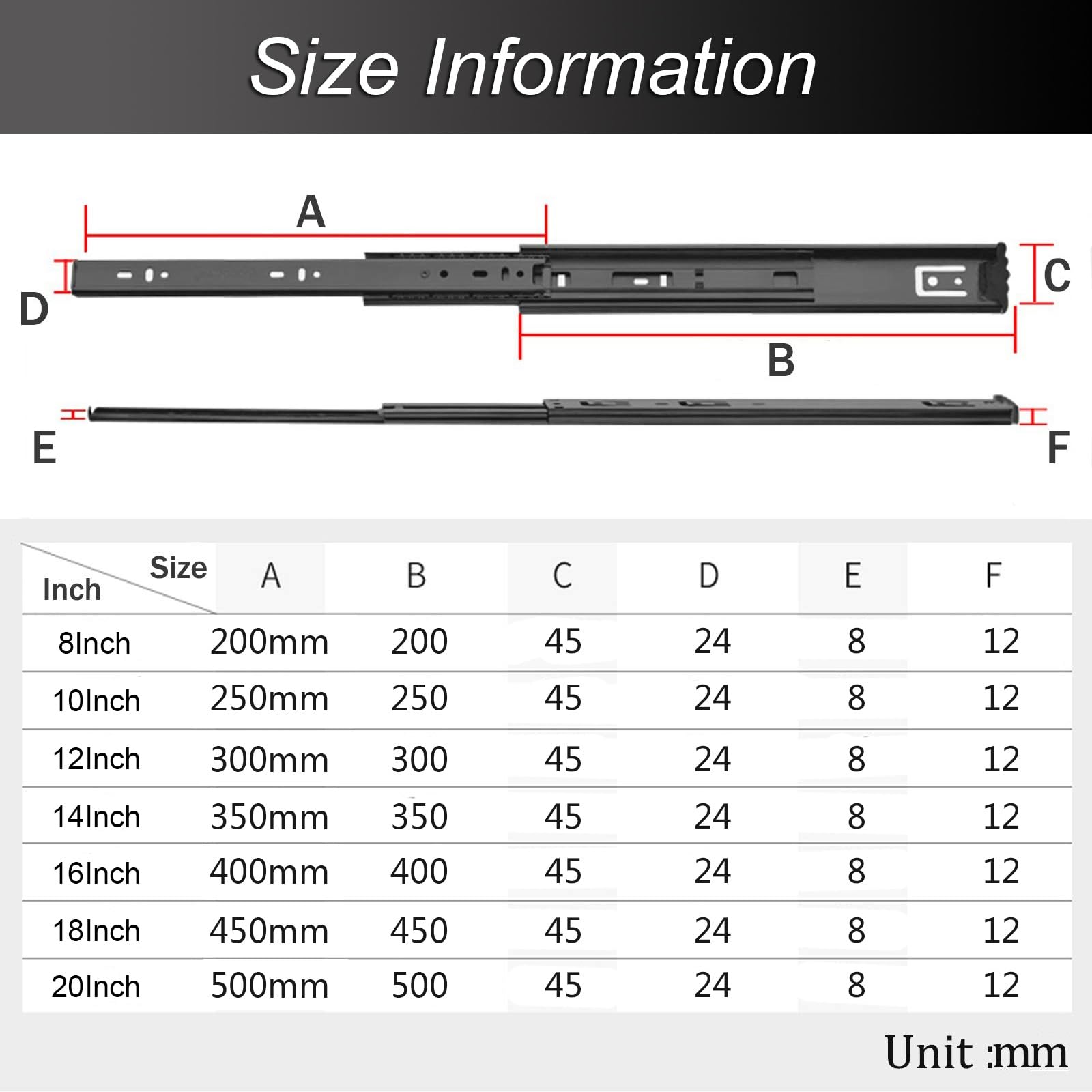 Prowadnice do szuflad Prowadnice kulkowe do szuflad drewnianych lub stalowych, 3-krotny pełny wysuw, 4-częściowy udźwig 45 kg(18Inch/45cm)