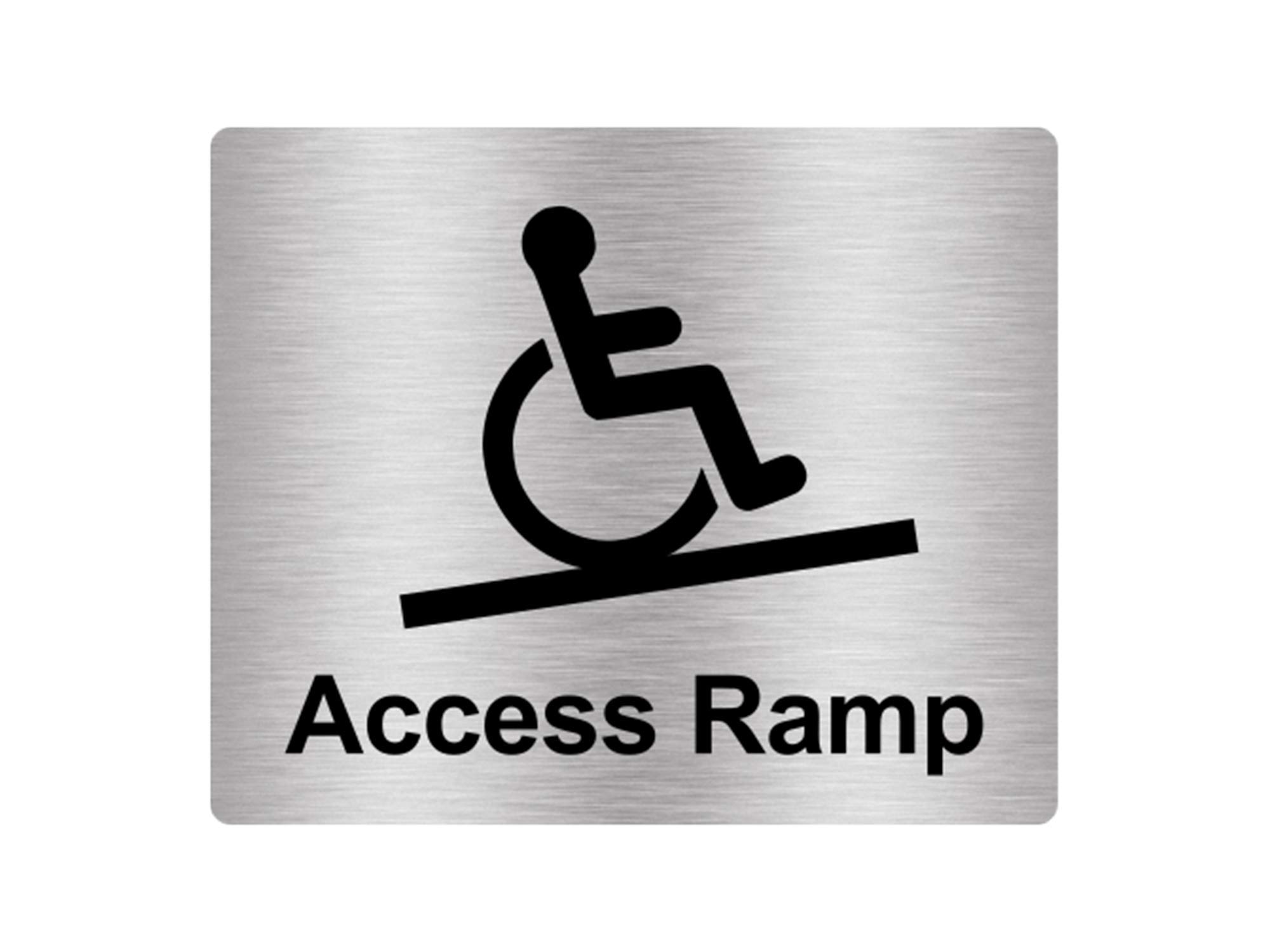 Origindesigned Silver And Black Access Ramp Wheelchair Users, Access, Sign Adhesive Sticker Notice, Metallic Silver Engraved Black With Universal Icon Symbol And Text (Size 12Cm X 10Cm)